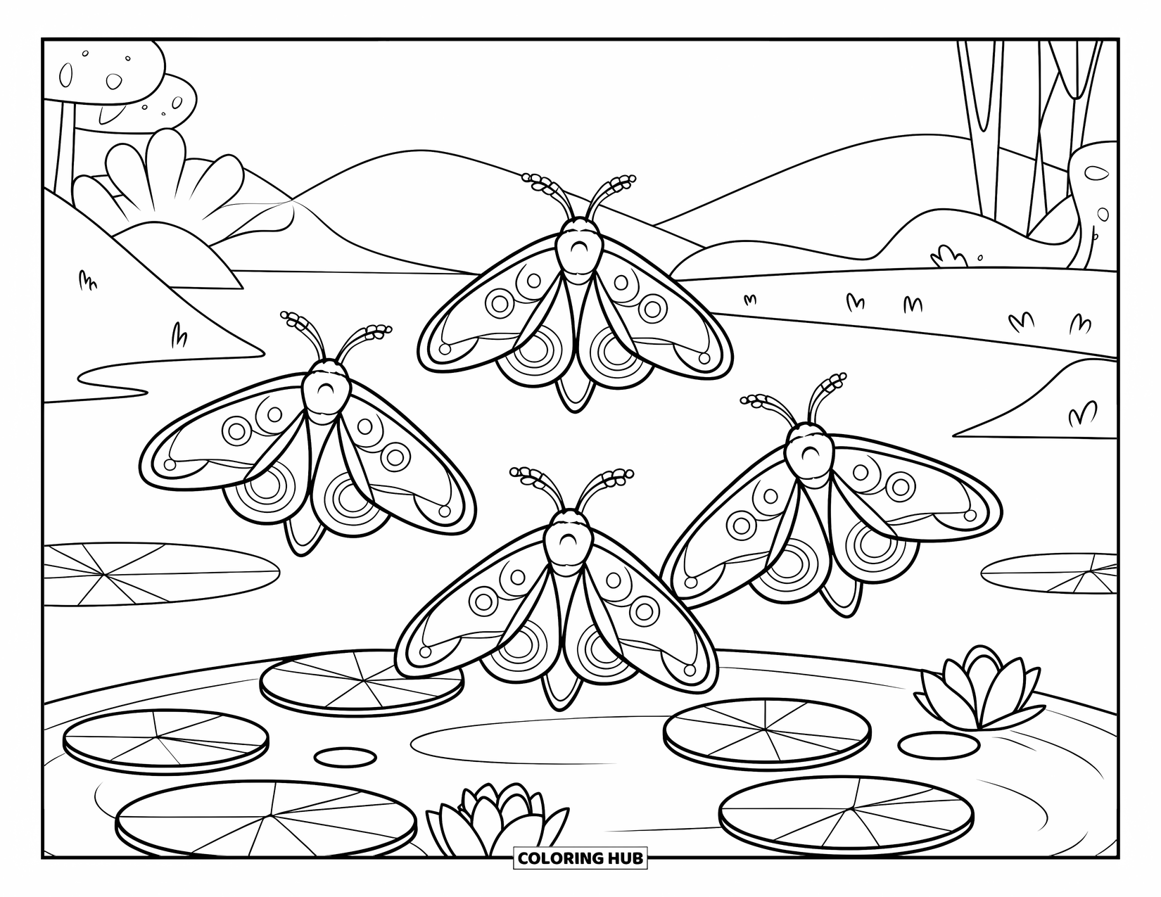 Moth Coloring Page for Kids: Three moths fly above a calm pond nestled among mountains and tall trees