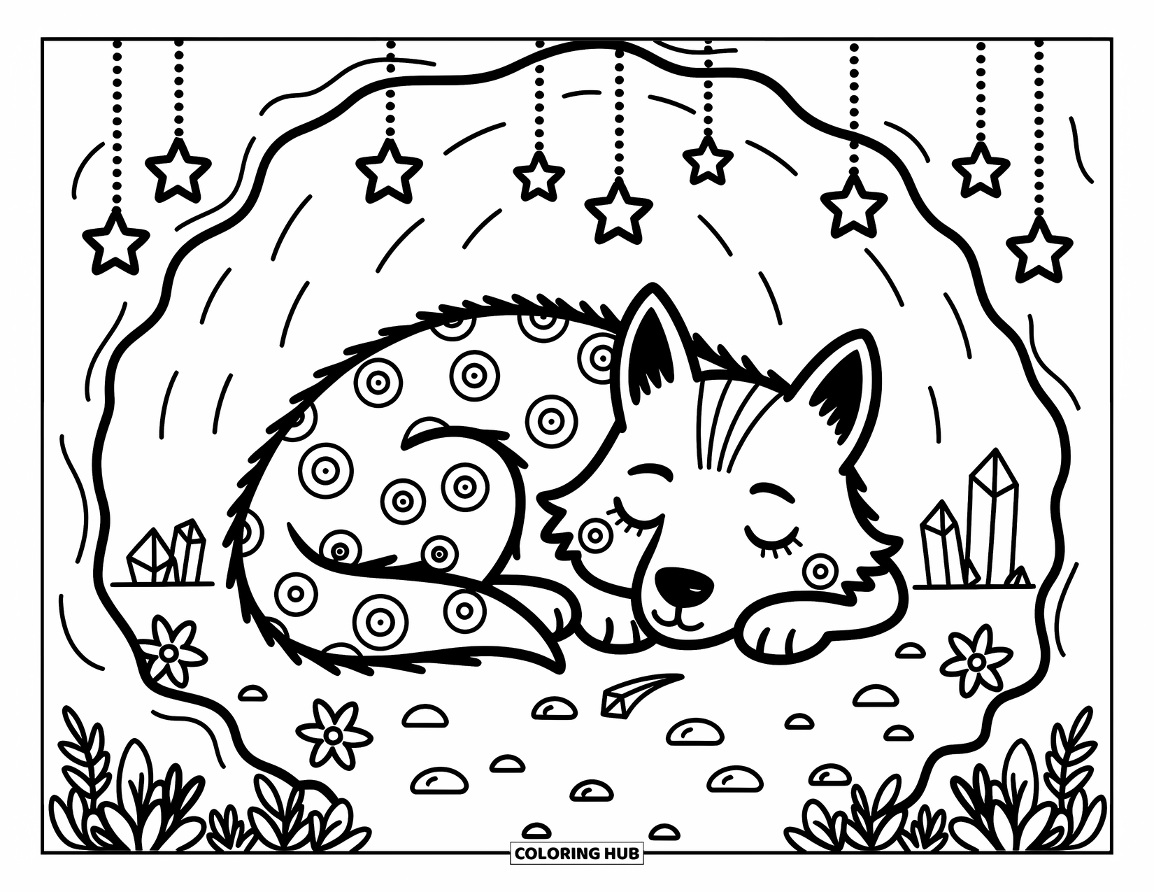 Mythical Wolf Coloring Page for Adults: Cozy wolf sleeps in a crystal cave with stars and a peeking shooting star