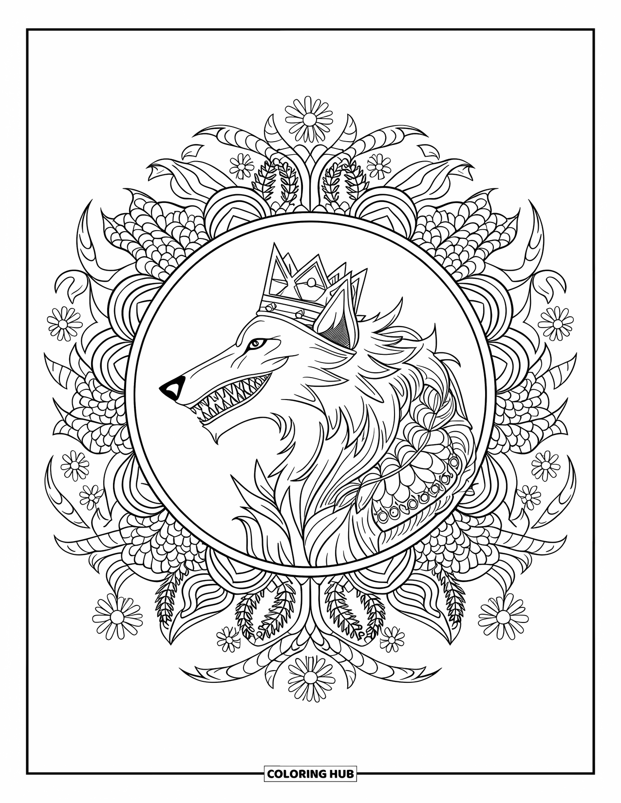 Mythical Wolf Coloring Page for Adults: Crowned wolf in profile howls within a circular floral mandala of vines and flowers