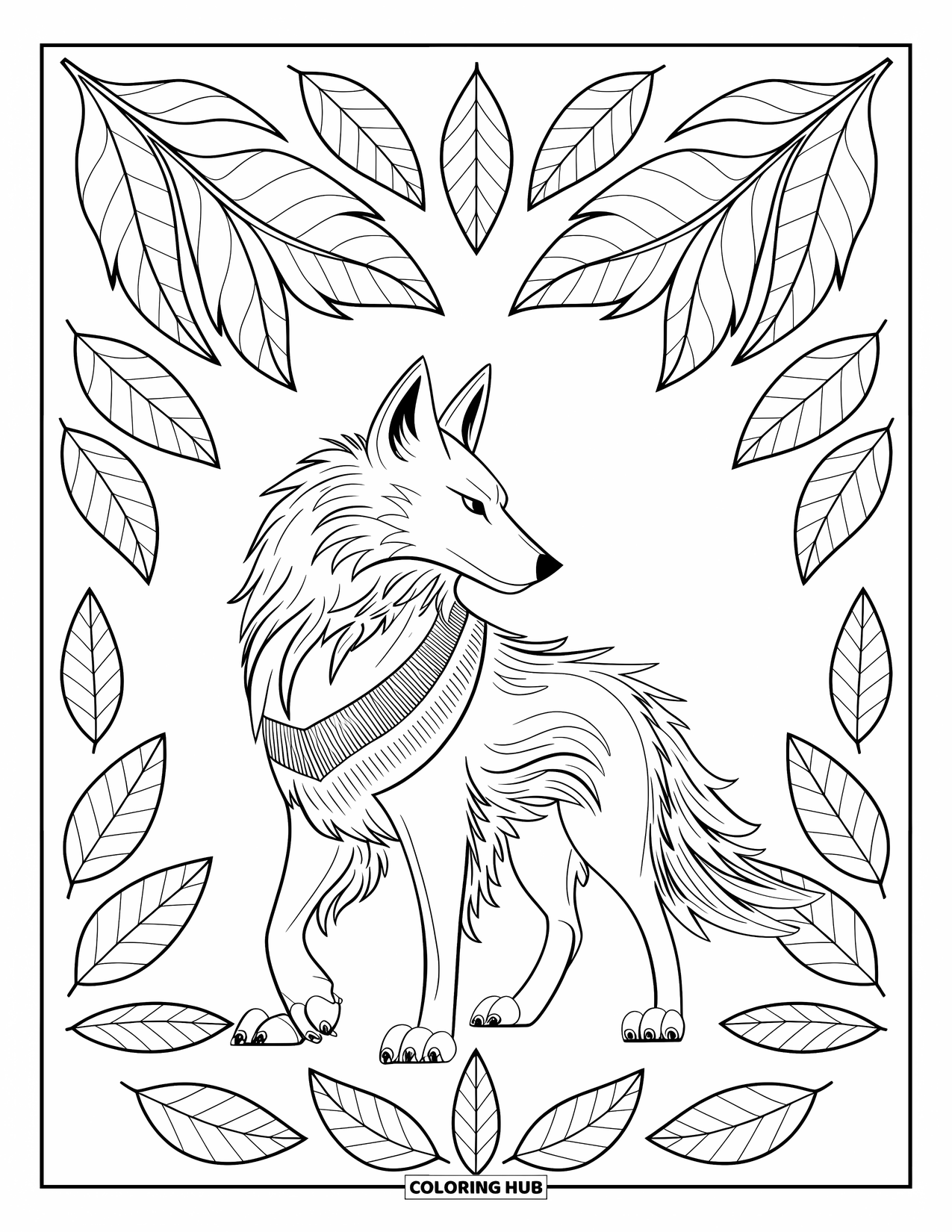 Mythical Wolf Coloring Page for Adults: Feathered mythical wolf stands calmly on leafy ground with symmetrical patterns