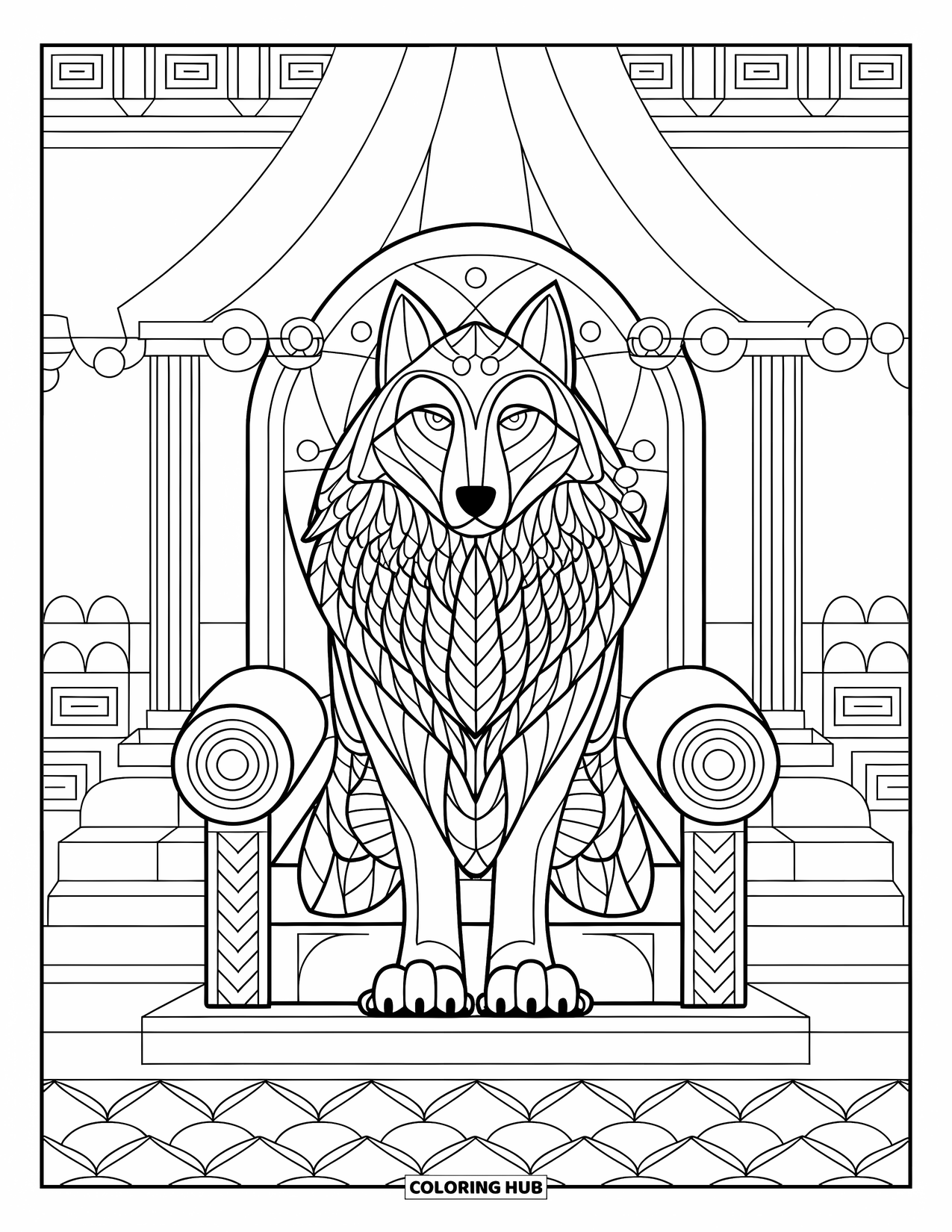 Mythical Wolf Coloring Page for Adults: Feathered wolf sits on a throne surrounded by royal leaf patterns