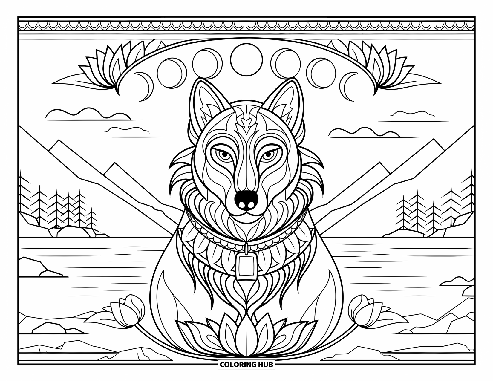 Mythical Wolf Coloring Page for Adults: Guardian wolf stands proudly among lotus petals and glowing moon phases