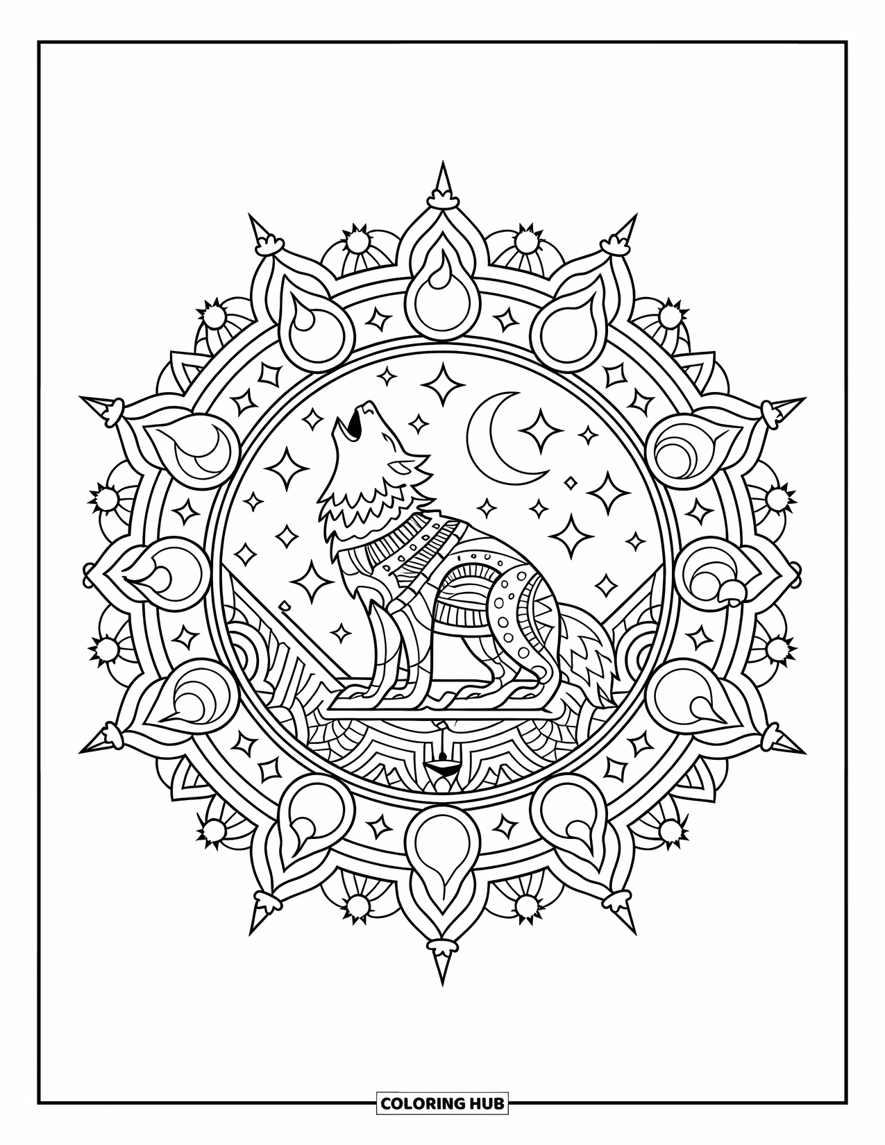 Mythical Wolf Coloring Page for Adults: Howling spirit wolf shines at the heart of a starry celestial mandala