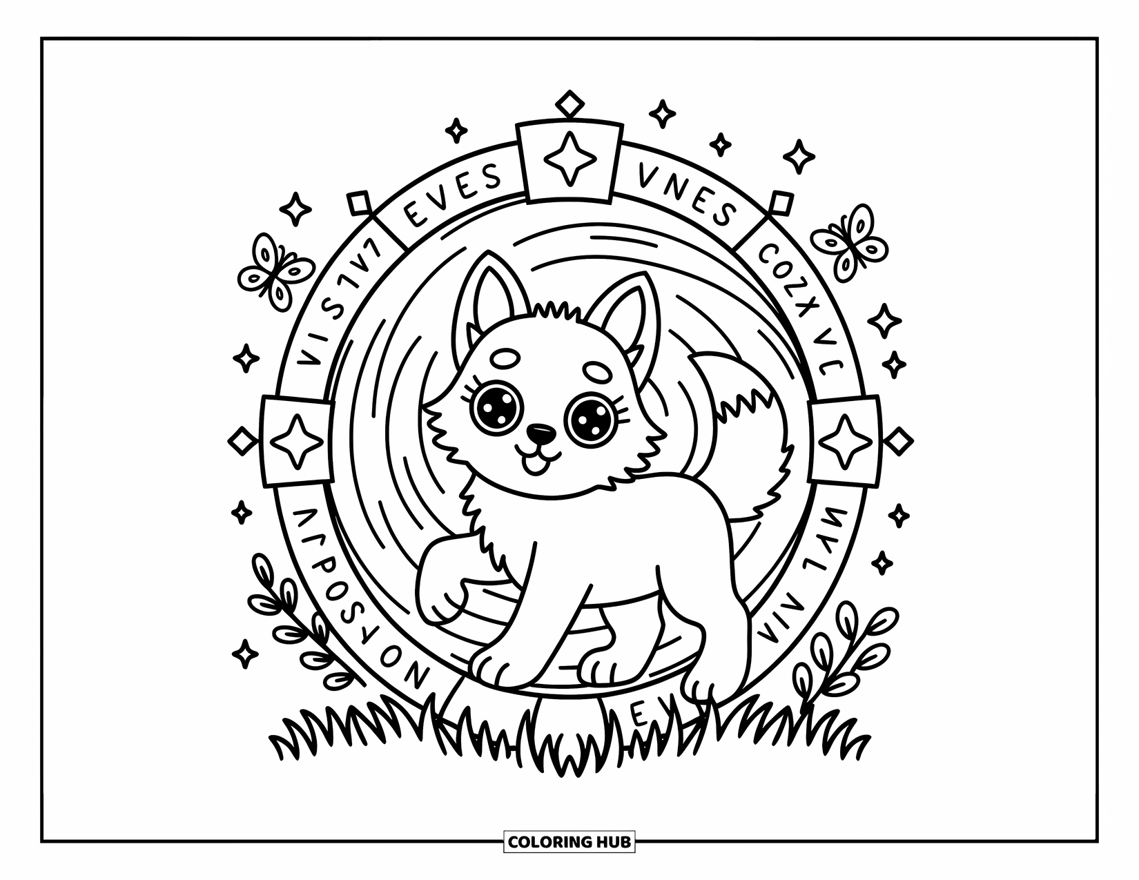 Mythical Wolf Coloring Page for Adults: Kawaii wolf steps from a swirling gate into fluffy grass and dancing lights