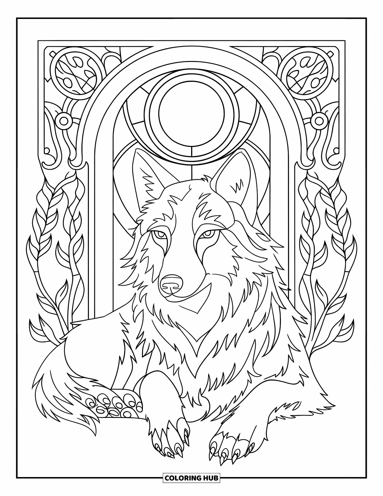 Mythical Wolf Coloring Page for Adults: Magical wolf lies calmly framed by vines and a stained glass moon