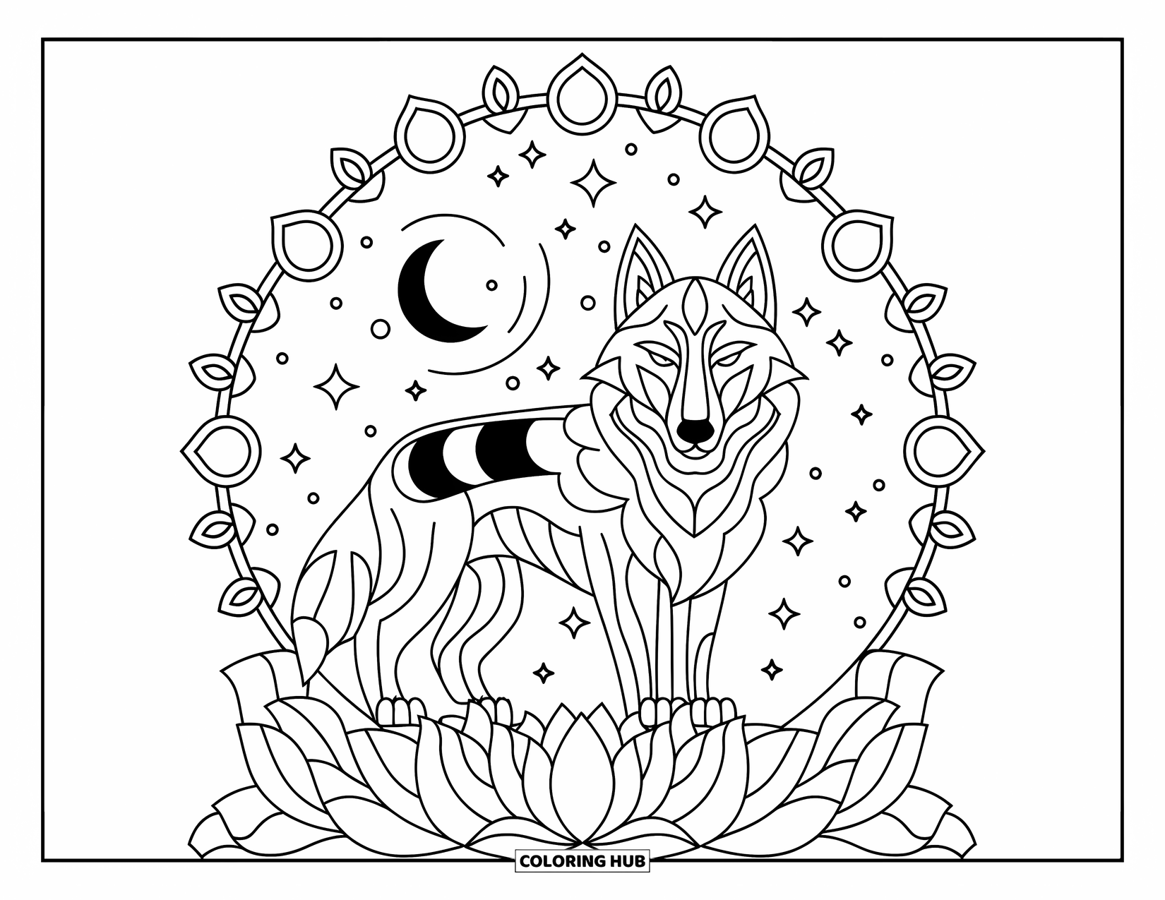 Mythical Wolf Coloring Page for Adults: Mystic wolf glows under stars, framed by lotus petals and a crescent moon
