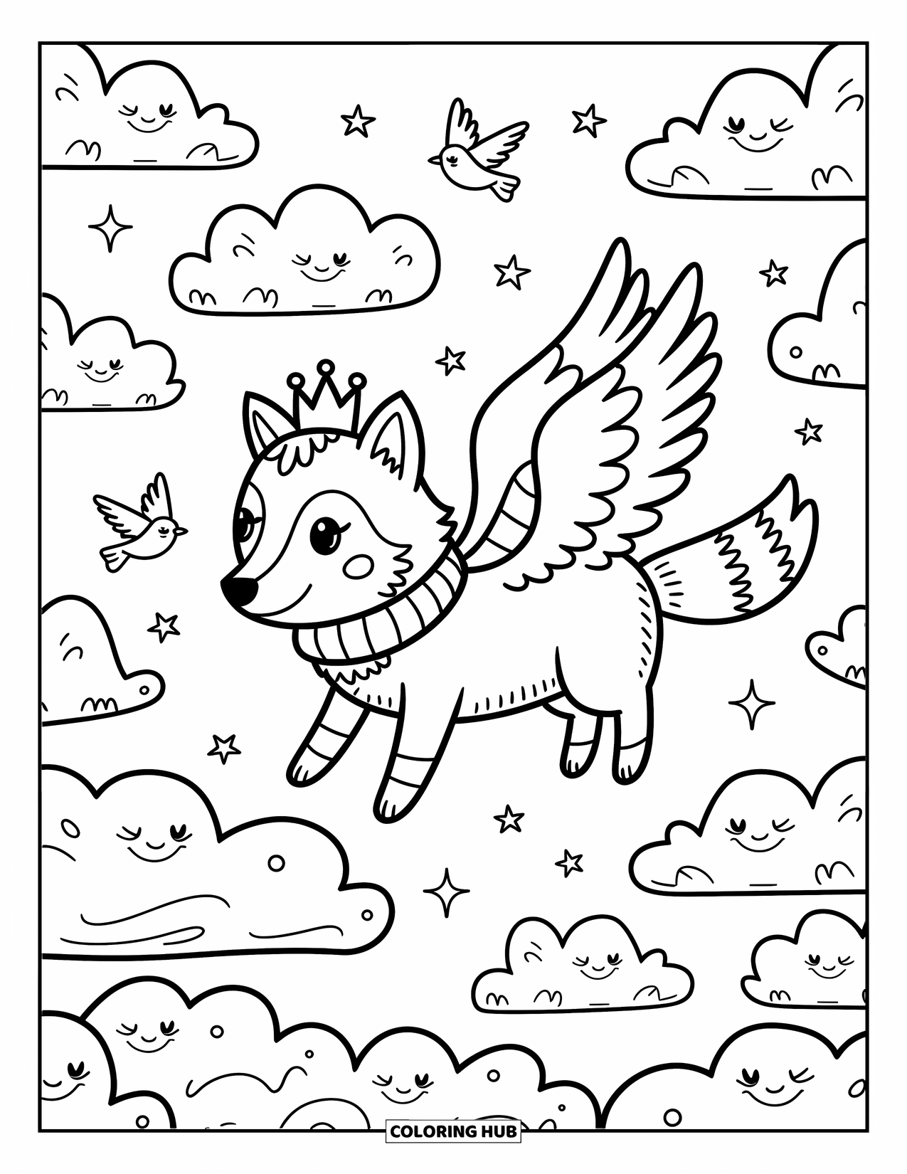 Mythical Wolf Coloring Page for Adults: Mythical wolf flies through cozy clouds with birds and crescent moon smiles