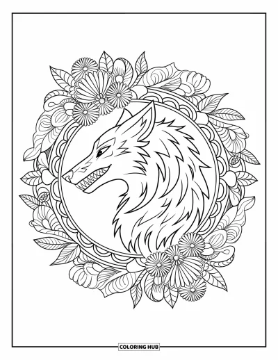 Tegning af mytisk ulv til voksne: Mytisk ulv i profil står inde i en mandala af svirpende blomster og ranker