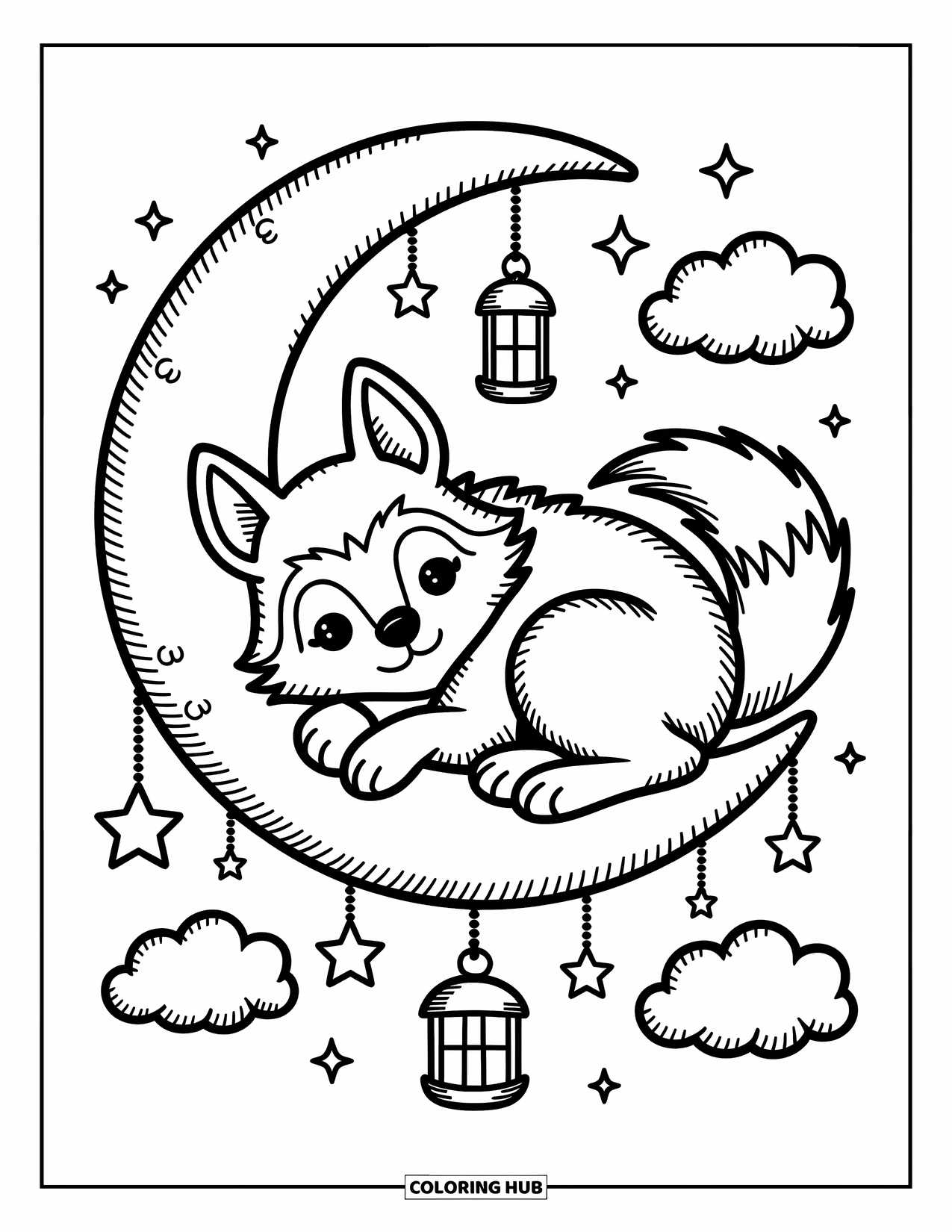 Mythical Wolf Coloring Page for Adults: Mythical wolf naps on a floating moon surrounded by stars and cozy clouds