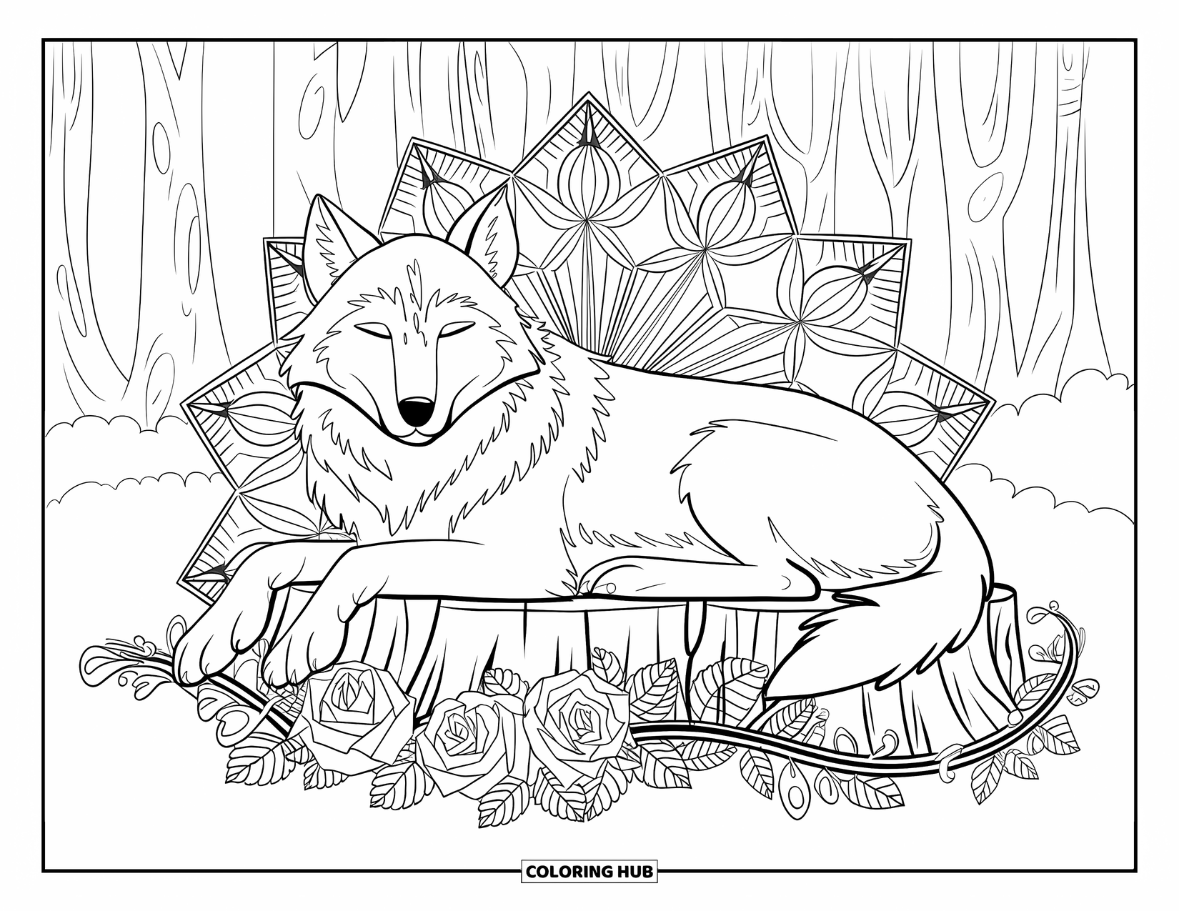 Mythical Wolf Coloring Page for Adults: Resting wolf lies among ivy, roses, and star mandalas in a peaceful forest