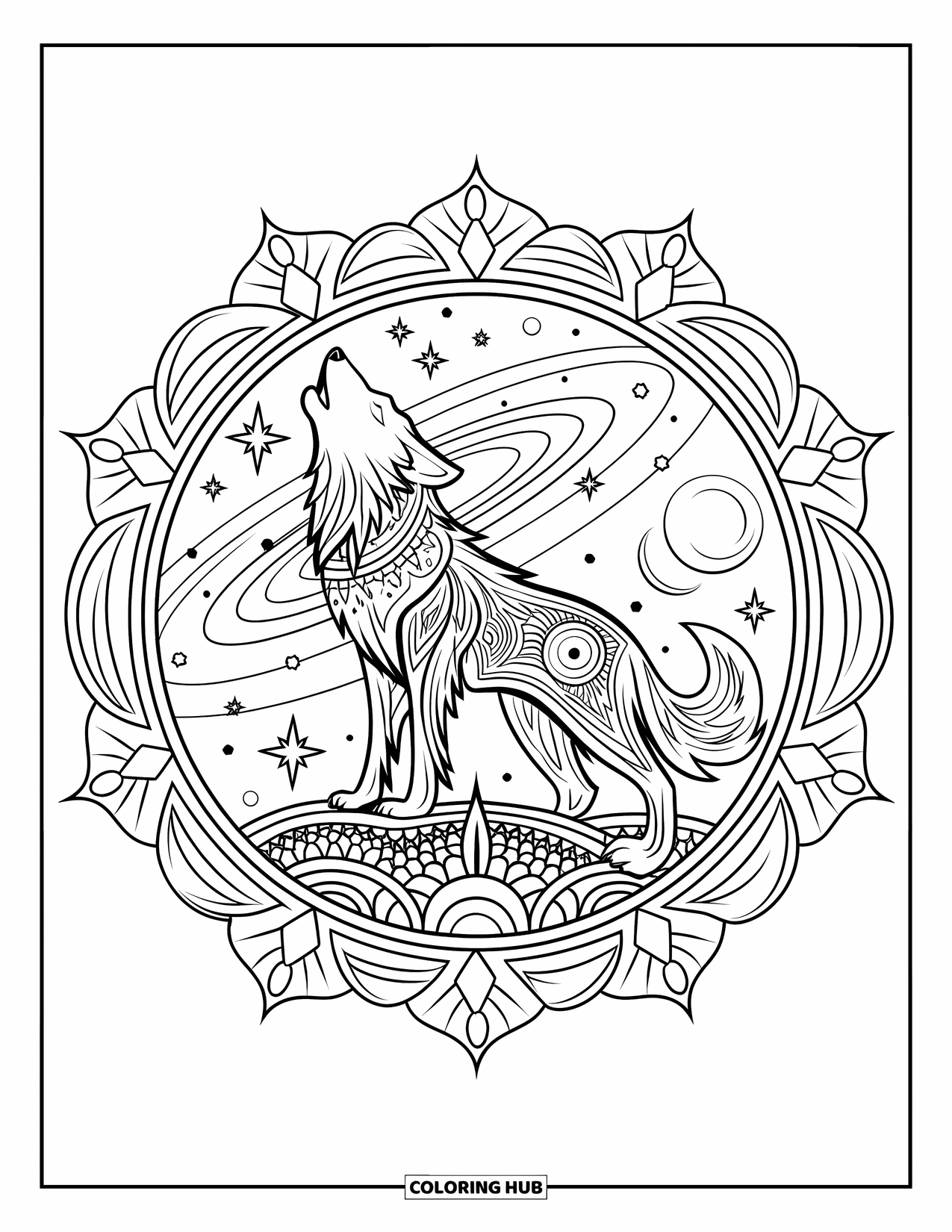 Mythical Wolf Coloring Page for Adults: Spirit wolf howls at the center of a galaxy-inspired celestial mandala