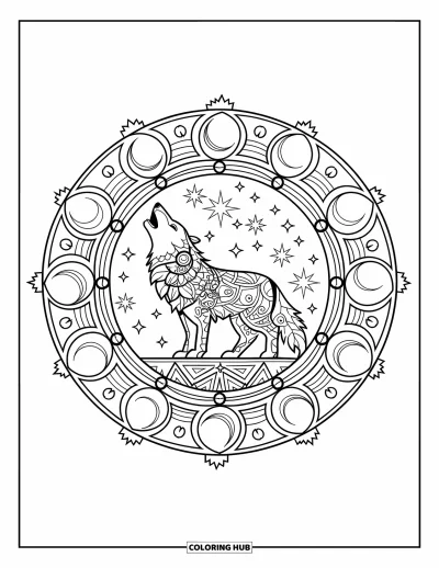 Tegning af mytisk ulv til voksne: Åndeulv tuder i en detaljeret mandala af stjerner, måner og symboler