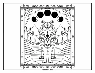 Tegning af mytisk ulv til voksne: Ulv med lukkede øjne står rank med månefaser og en lotusramme