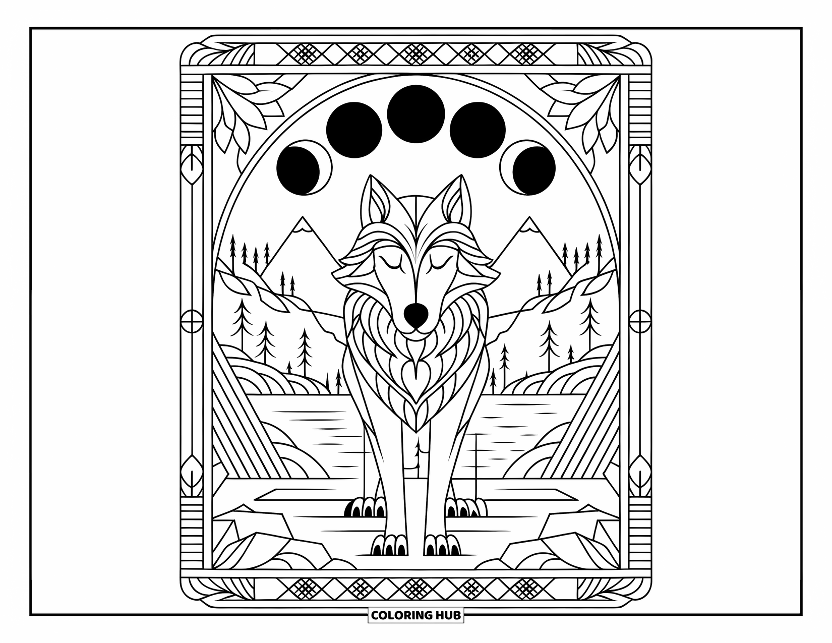 Mythical Wolf Coloring Page for Adults: Wolf with closed eyes stands tall with moon phases and a lotus border