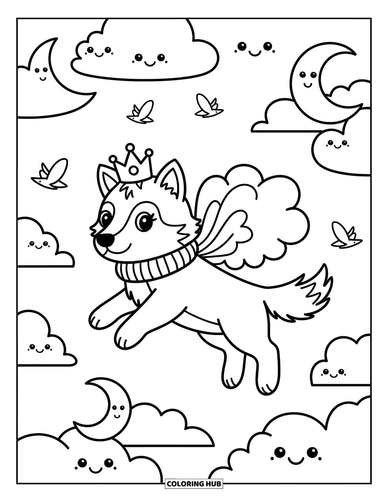 Mythical Wolf Coloring Page for Adults: Wolf with cloud wings flies through the sky with birds and smiling moons