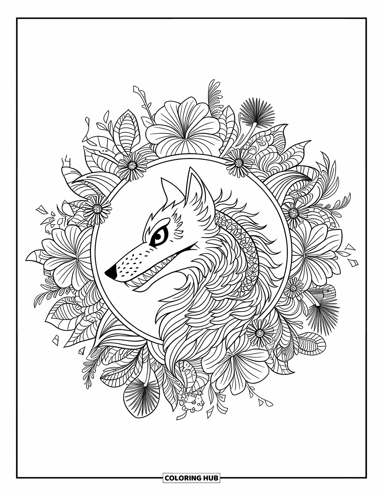 Mythical Wolf Coloring Page for Adults: Wolf with fierce eyes and sharp teeth inside a blooming floral mandala