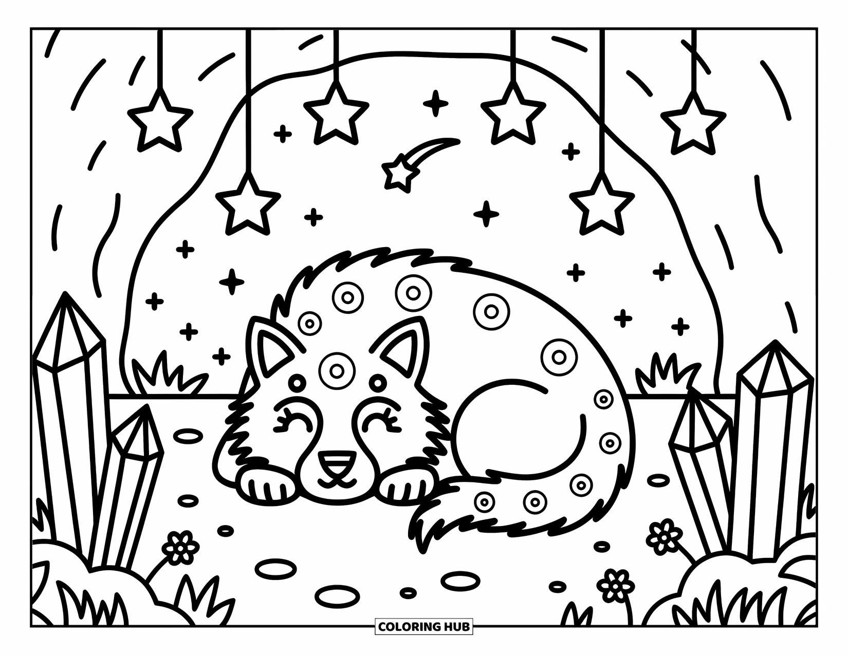 Mythical Wolf Coloring Page for Adults: Wolf with swirly fur naps in a cave filled with stars and crystals