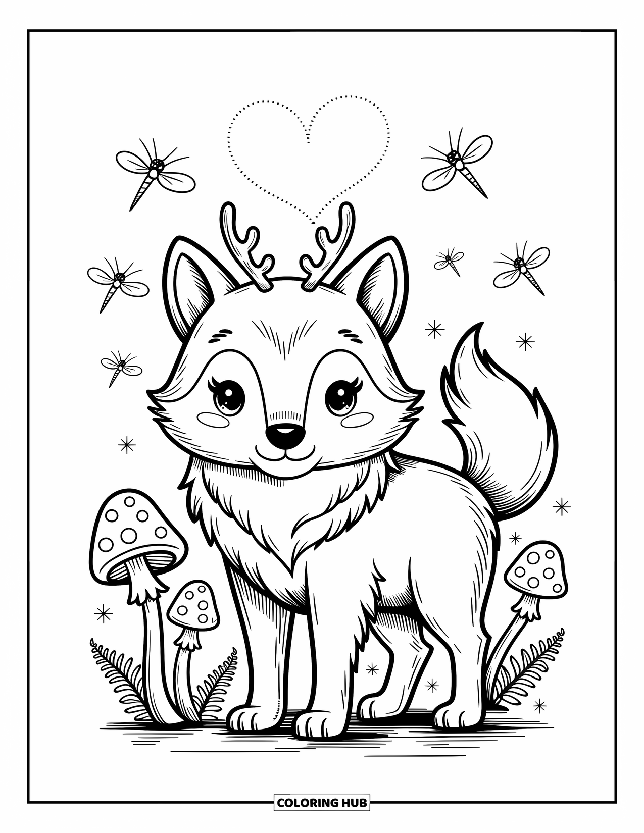 Mythical Wolf Coloring Page for Adults: Wolf with tiny antlers stands in a forest of glowing mushrooms and fireflies