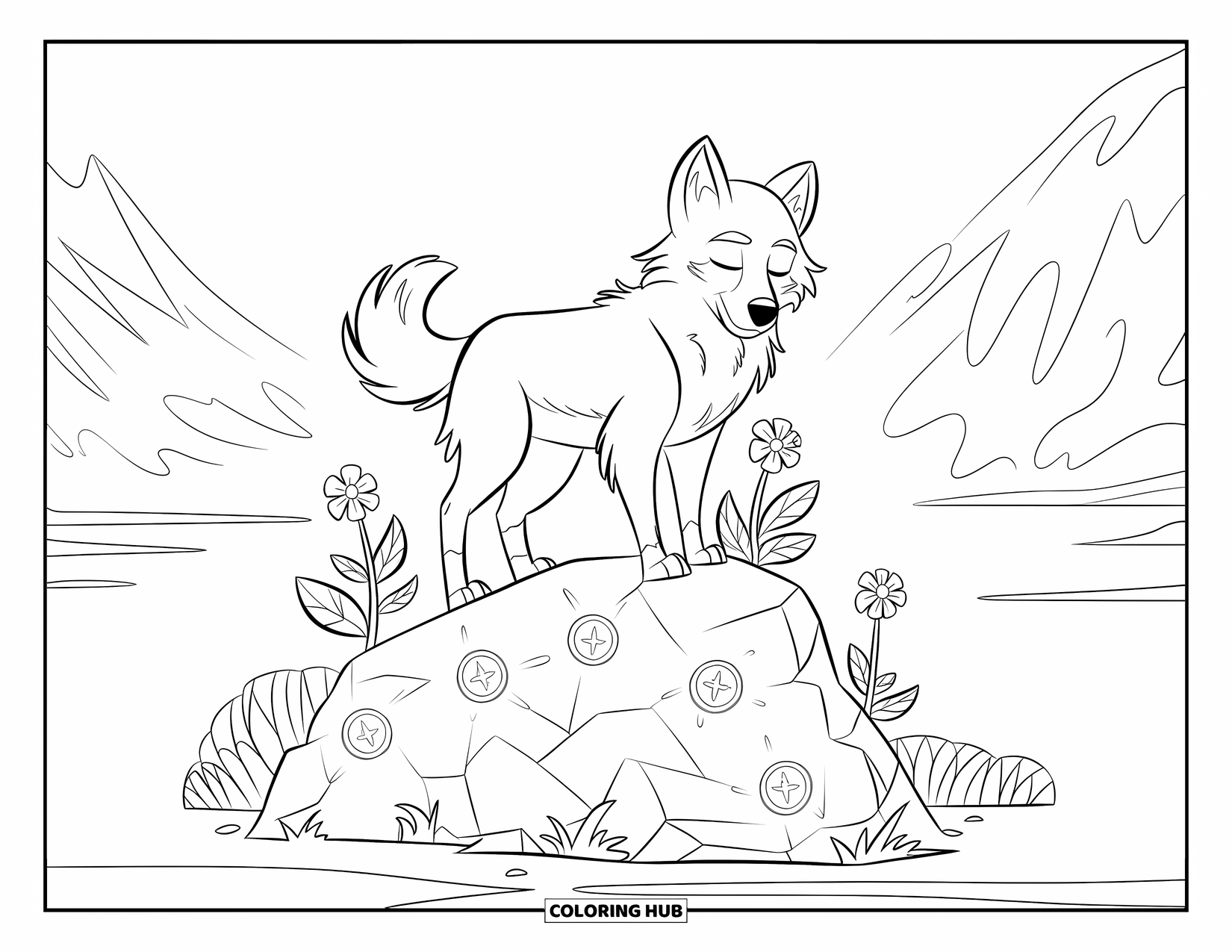 Mythical Wolf Coloring Page for Kids: Calm wolf with closed eyes stands among glowing runes and soft moonflowers