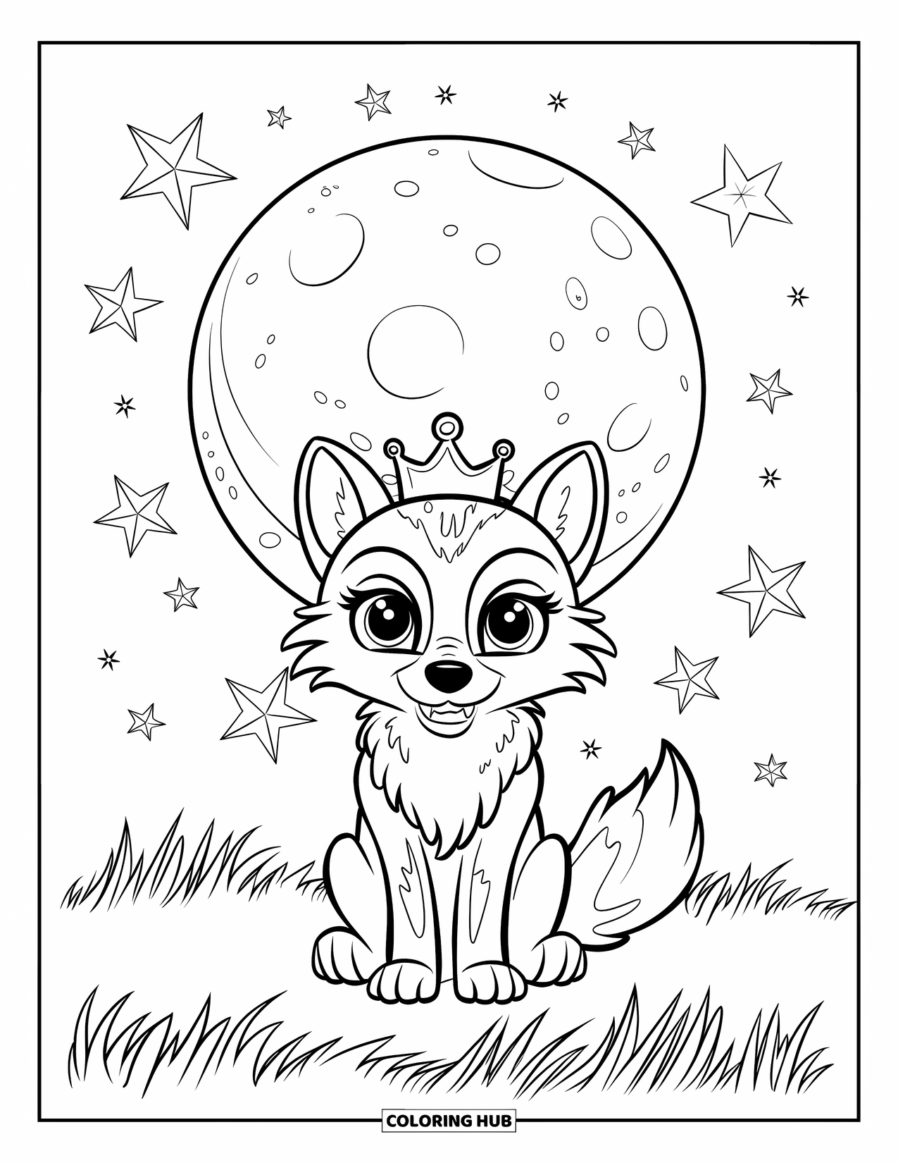 Mythical Wolf Coloring Page for Kids: Crowned little wolf sits under the moon in a grassy, peaceful field