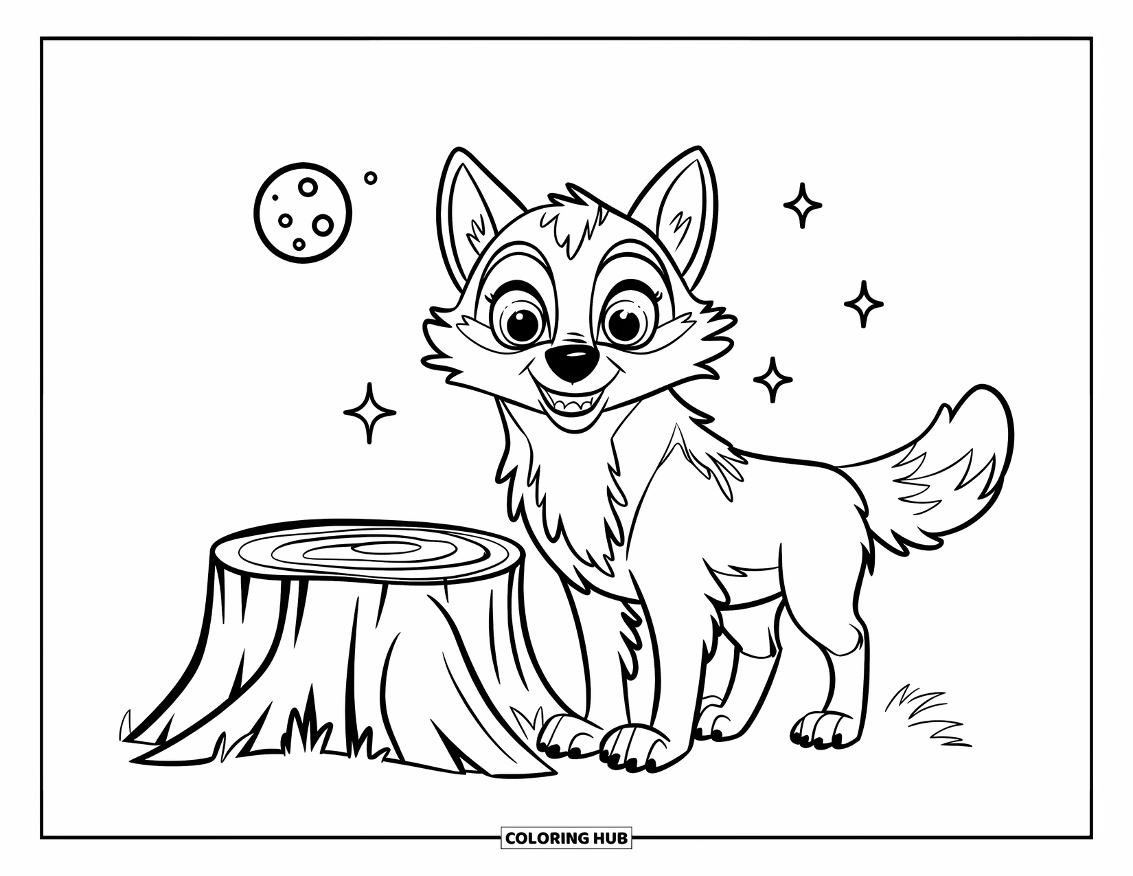 Mythical Wolf Coloring Page for Kids: Cute-eyed wolf stands by a cozy stump under a sparkling moonlit sky