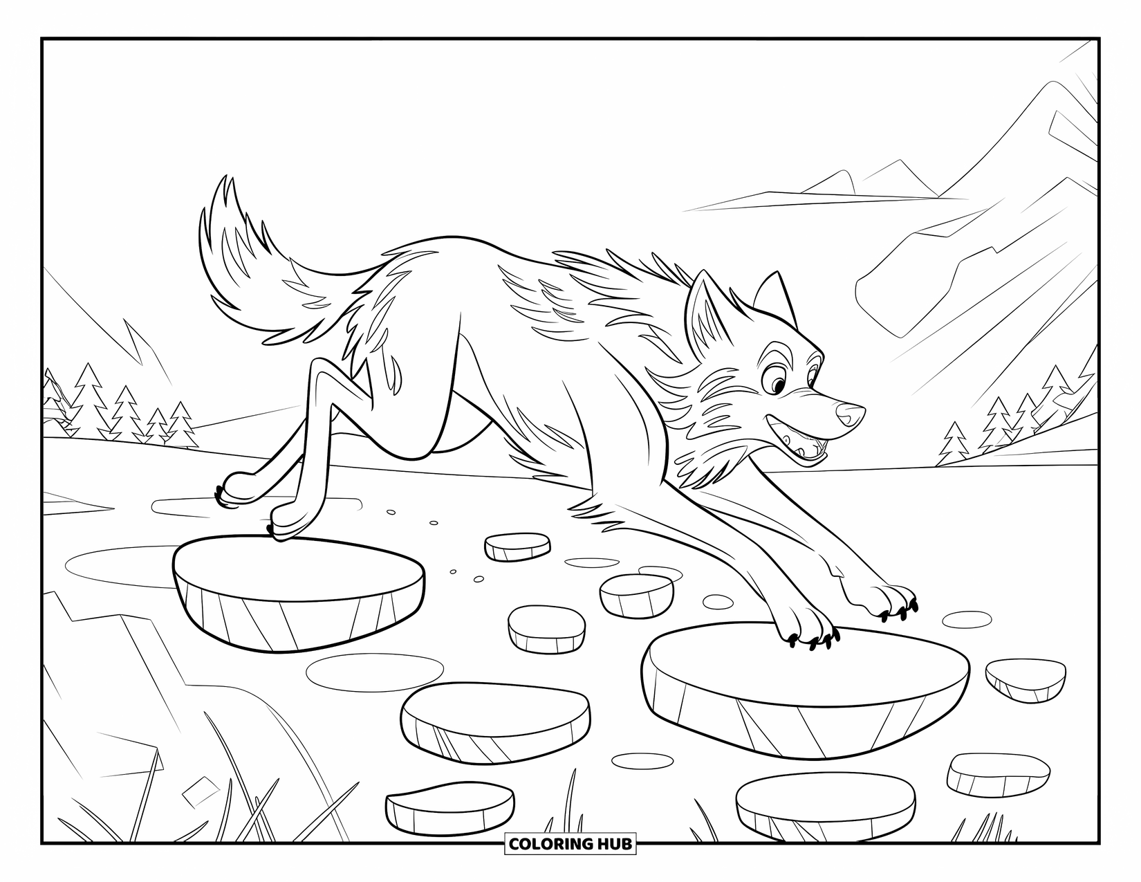 Mythical Wolf Coloring Page for Kids: Feathery wolf leaps mid-air over stones with mountains in the distance
