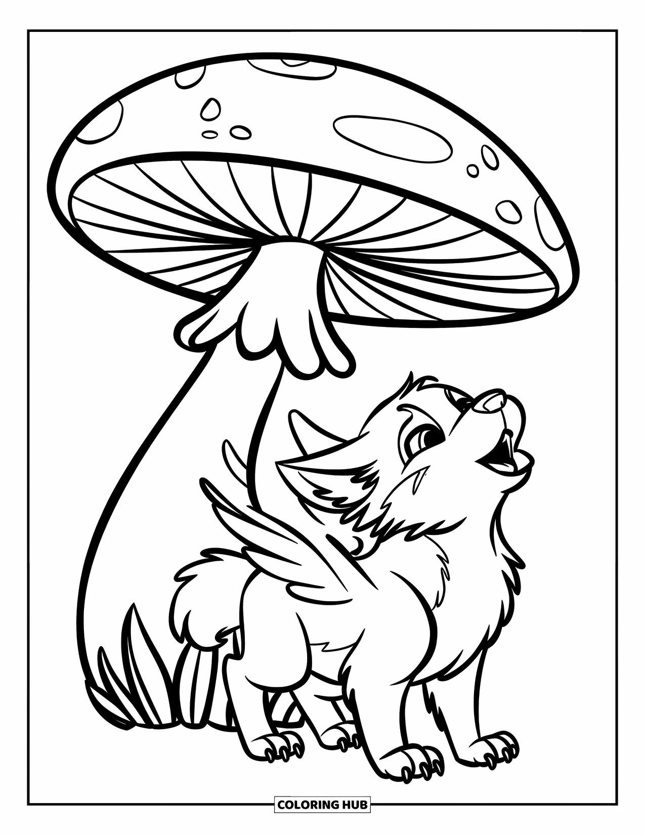 Mythical Wolf Coloring Page for Kids: Fluffy little wolf with wings howls beside a unique mushroom