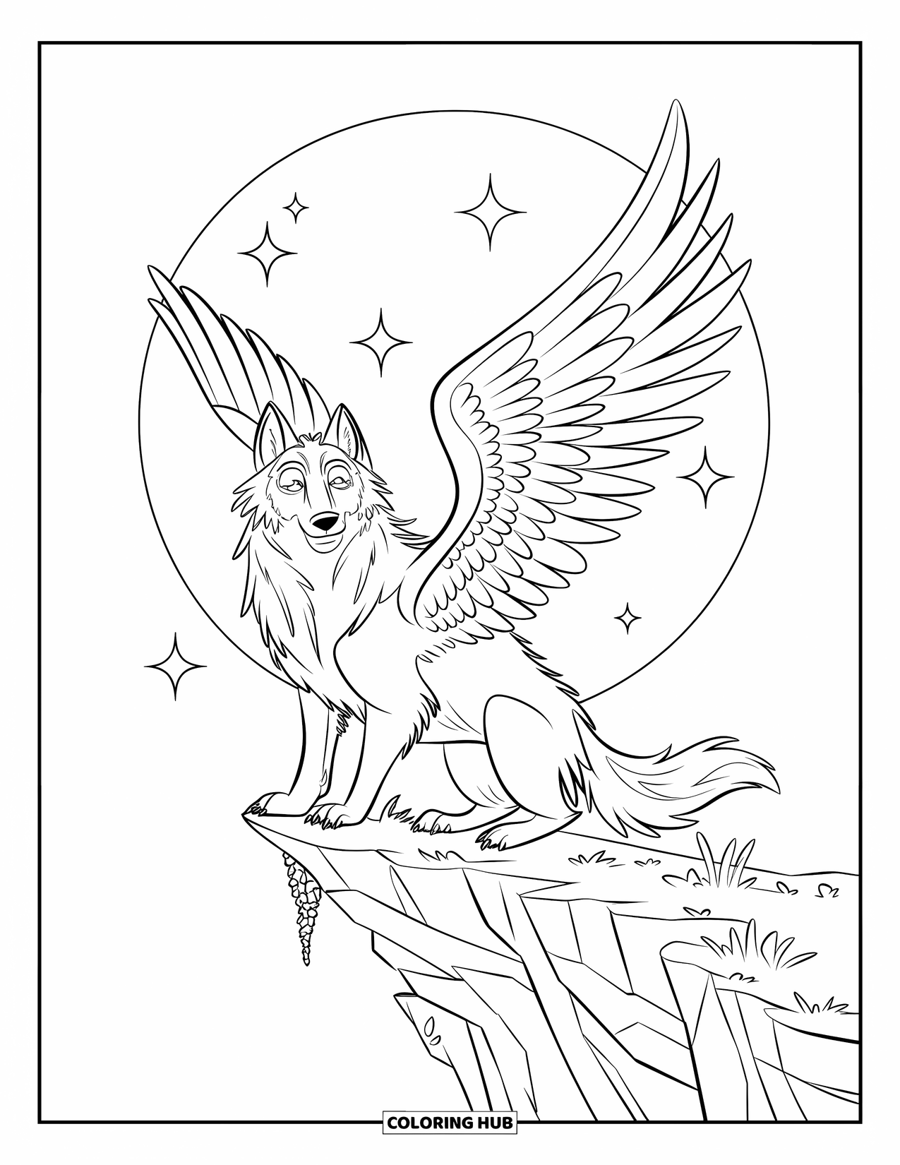 Mythical Wolf Coloring Page for Kids: Fluffy-tailed wolf with wings overlooks the full moon from a cliff