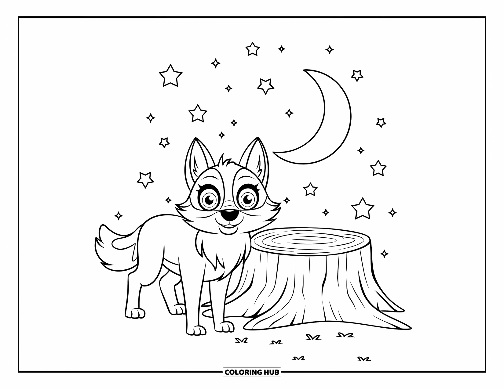 Mythical Wolf Coloring Page for Kids: Happy little wolf stands near a stump under a sky of stars and moon