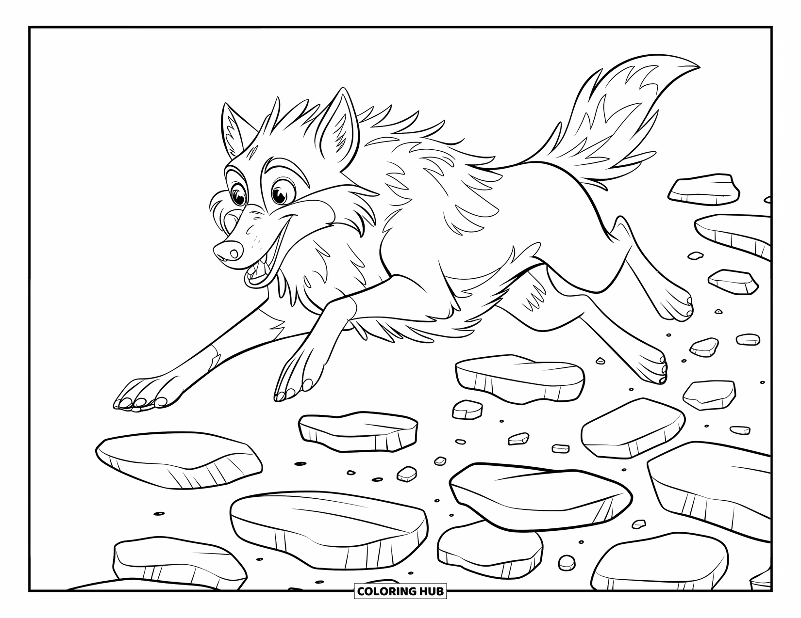 Mythical Wolf Coloring Page for Kids: Howling wolf jumps across floating stones in a striking pose