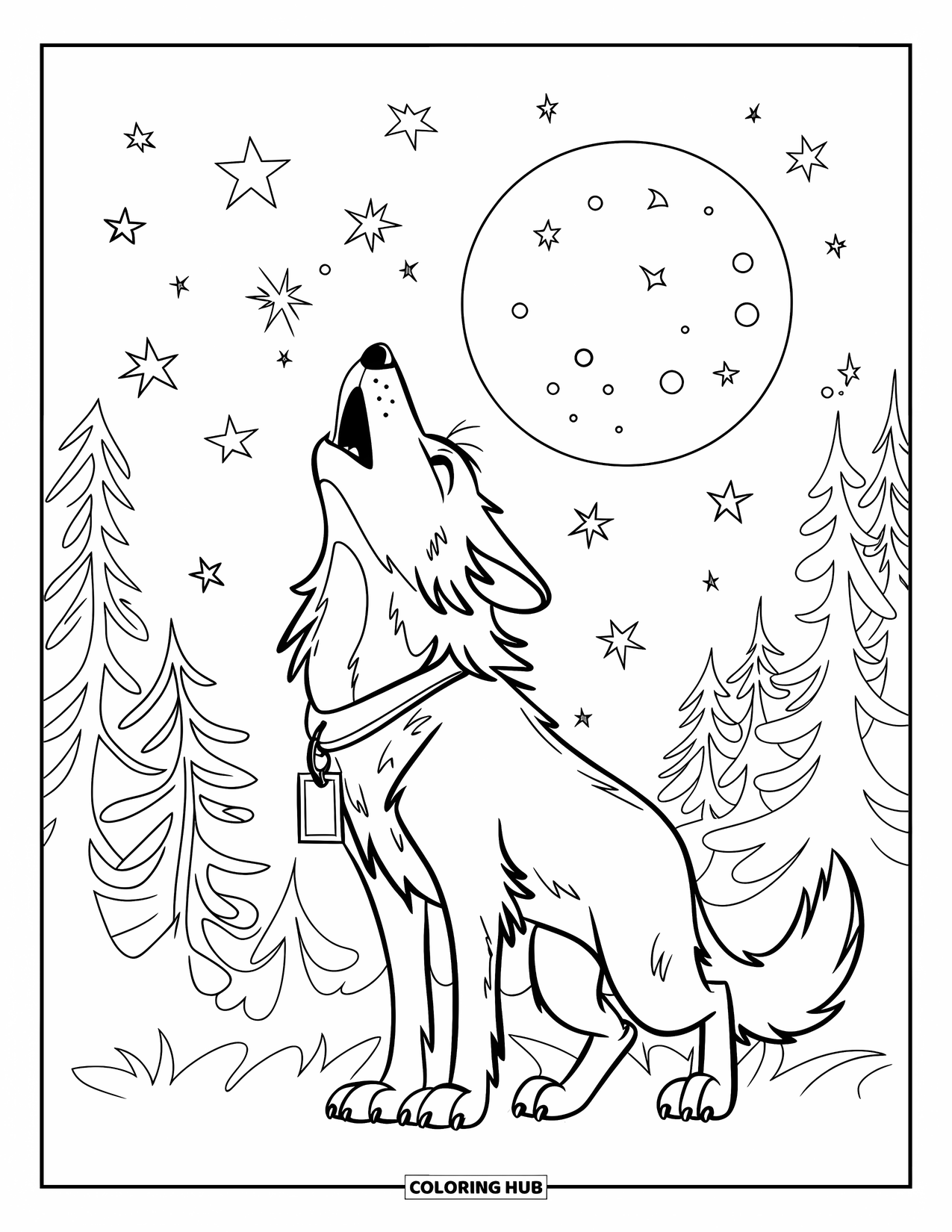 Mythical Wolf Coloring Page for Kids: Magical wolf howls at the moon with stars glowing in the sky
