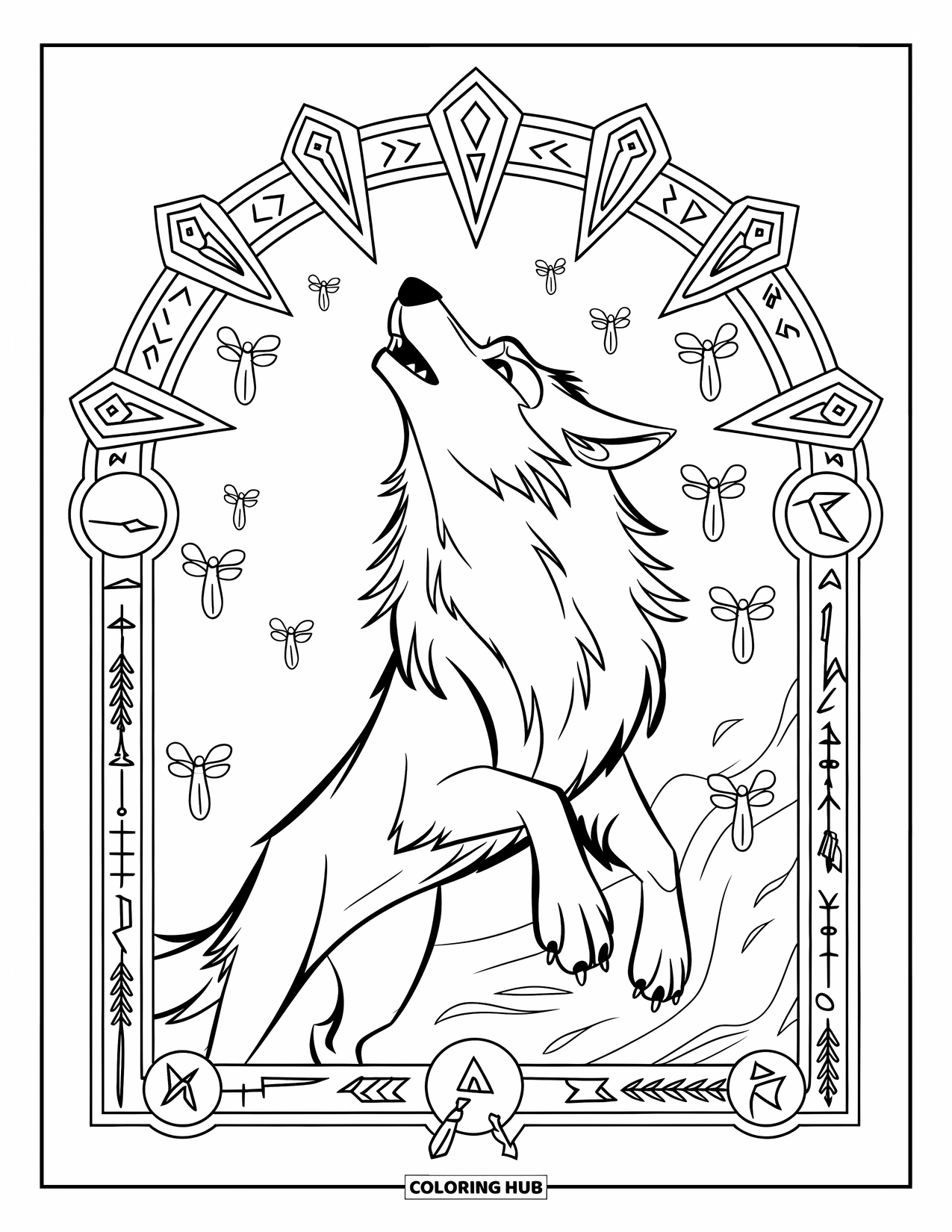 Mythical Wolf Coloring Page for Kids: Majestic wolf howls with runes and fireflies swirling around