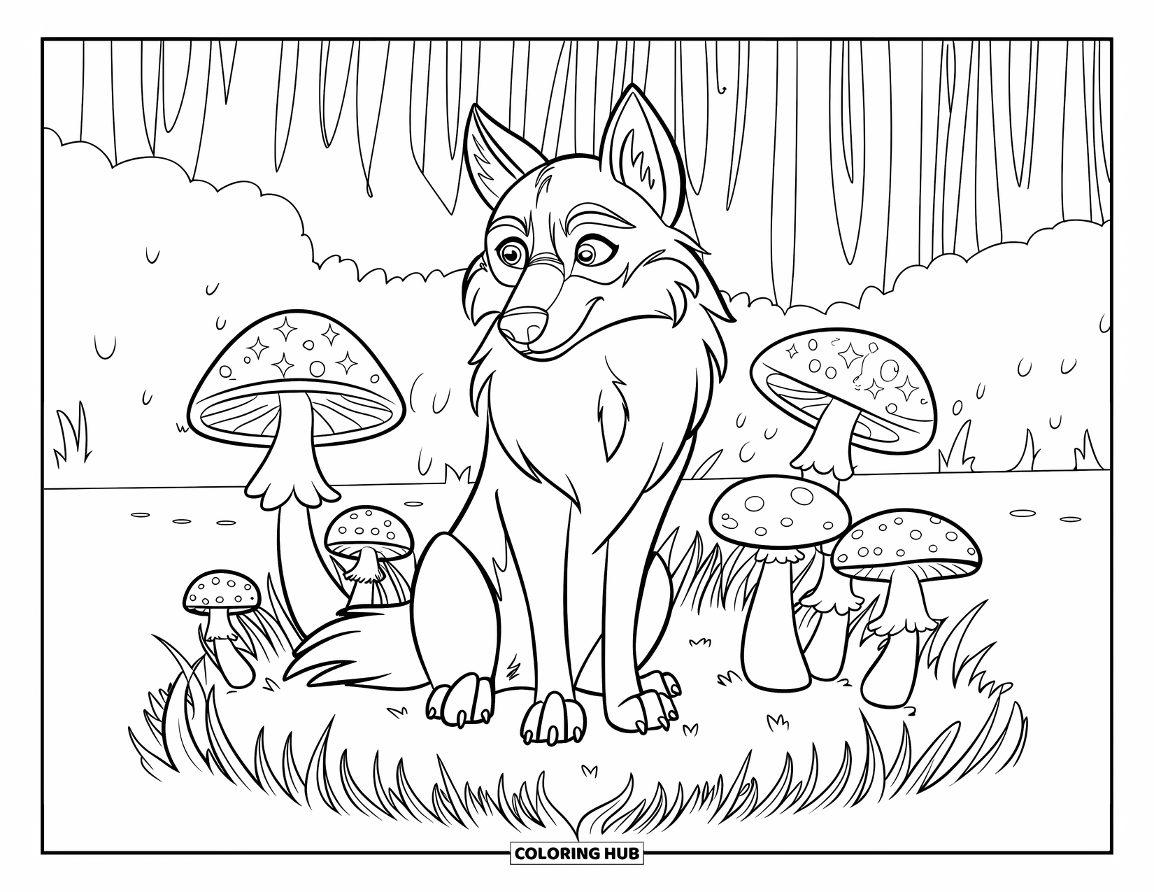Mythical Wolf Coloring Page for Kids: Mystical wolf glows while sitting in a ring of sparkling mushrooms