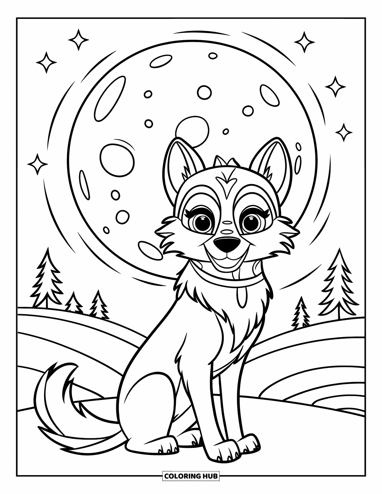 85 Mythical Wolf Coloring Pages - Mythical Wolf Coloring Page For Kids Mythical Wolf With Big Eyes Sits Under A Full Moon And Twinklin