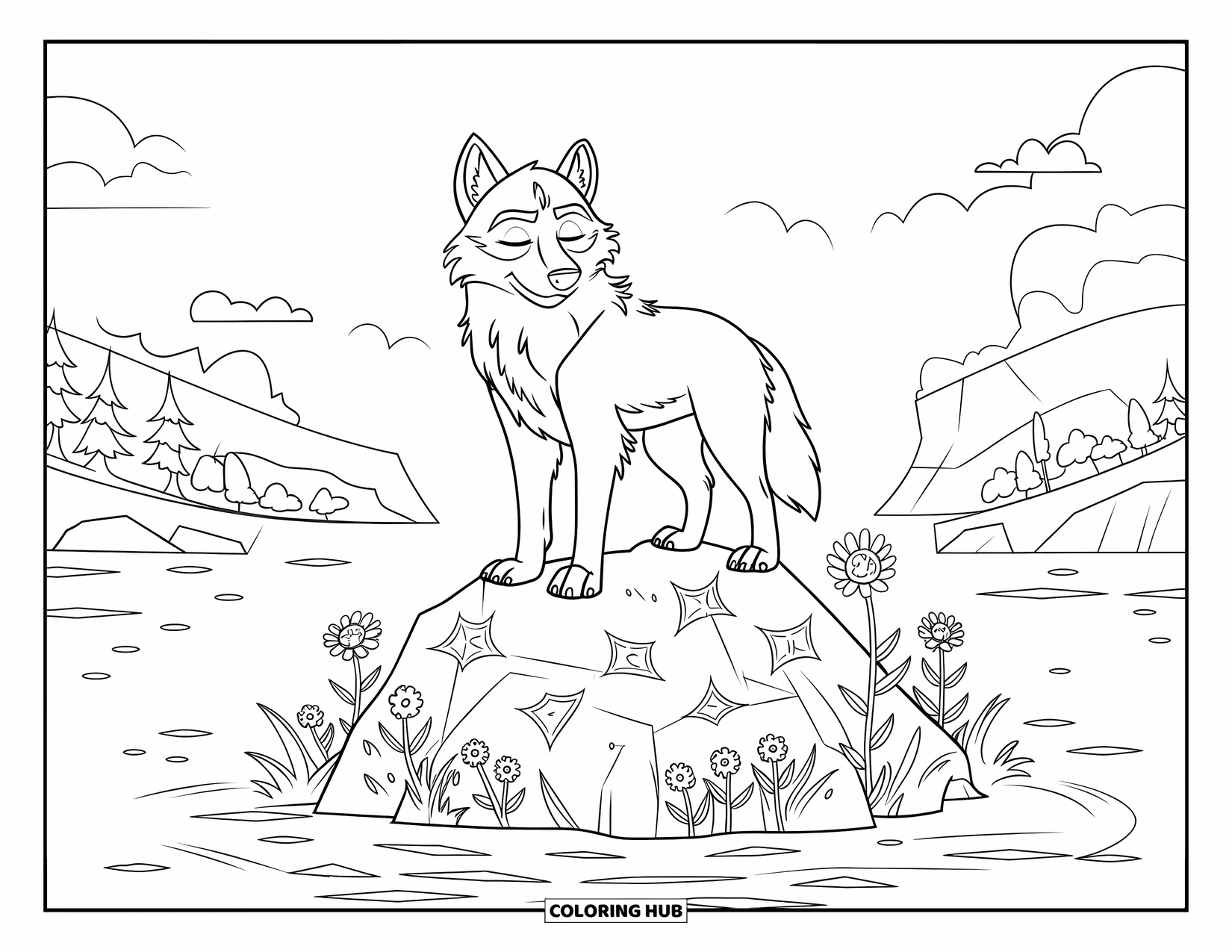 Mythical Wolf Coloring Page for Kids: Peaceful wolf stands on a glowing rock surrounded by water and flowers