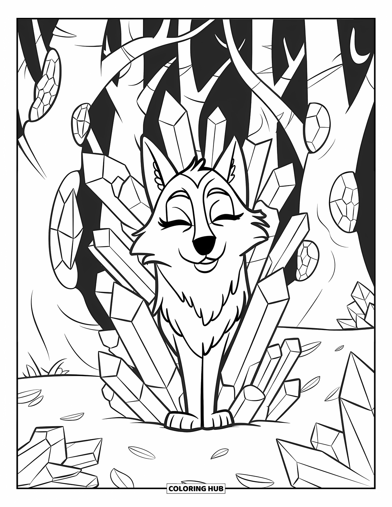 Mythical Wolf Coloring Page for Kids: Peaceful wolf with closed eyes surrounded by crystals in a quiet forest