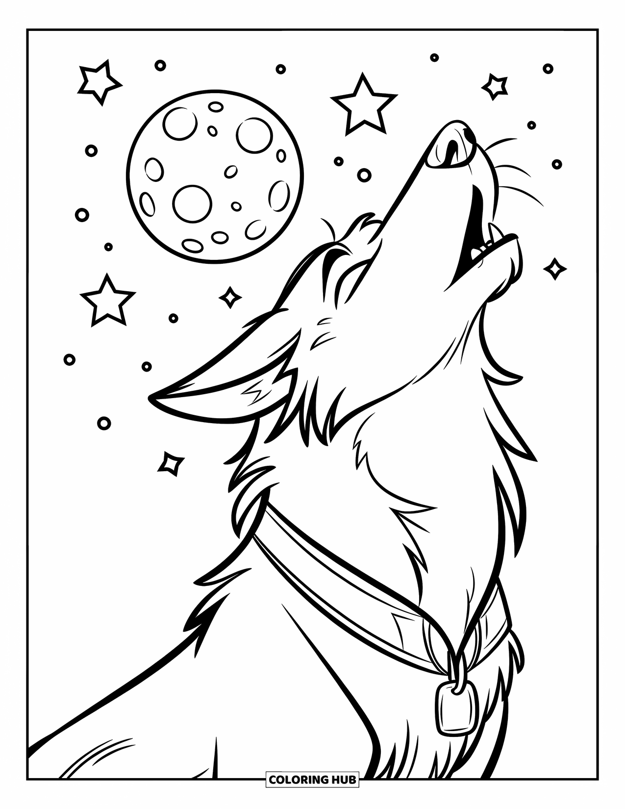 Mythical Wolf Coloring Page for Kids: Proud wolf howls beneath a moon surrounded by glowing sky symbols