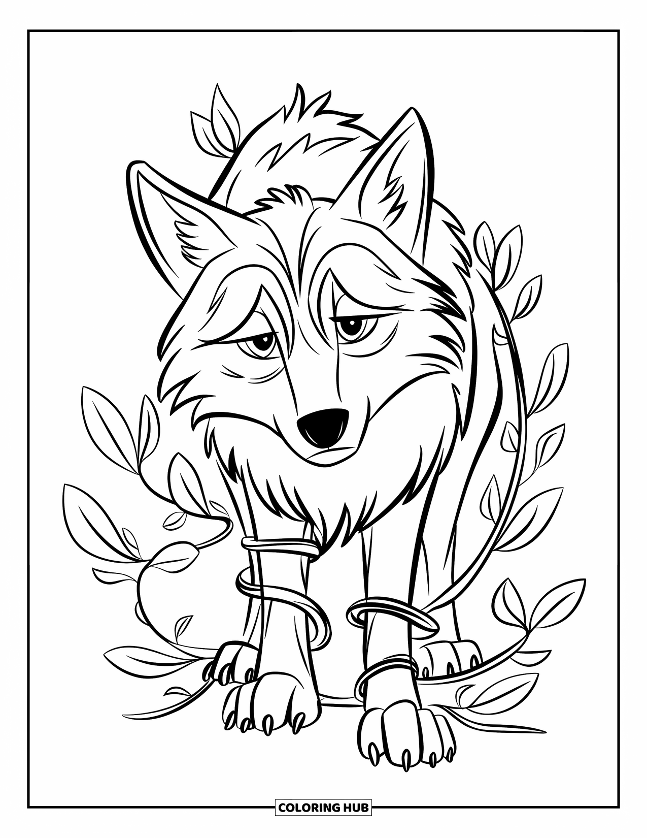 Mythical Wolf Coloring Page for Kids: Sad wolf with leafy vines wrapped around its legs