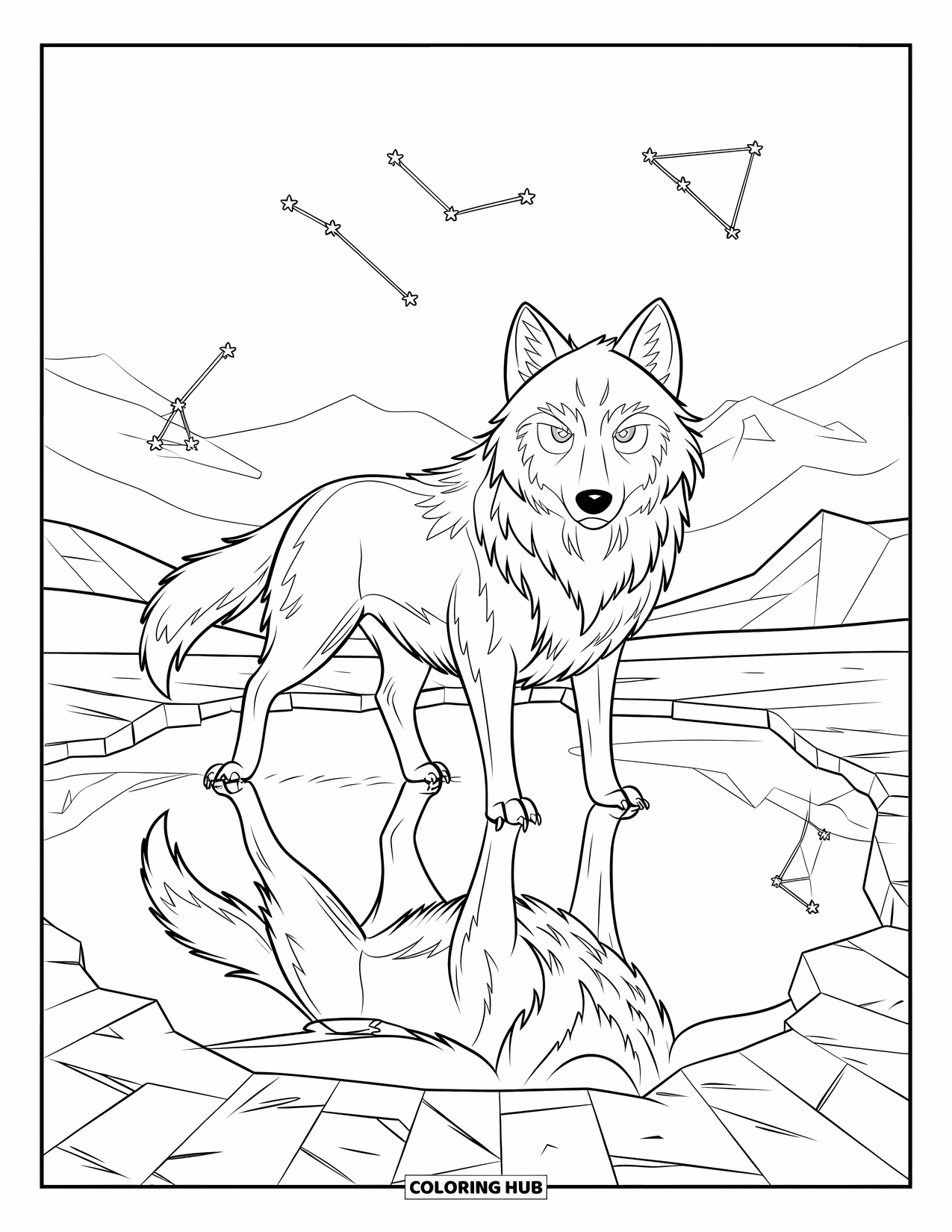 Mythical Wolf Coloring Page for Kids: Sleek wolf stands near a pool mirroring the night sky's stars