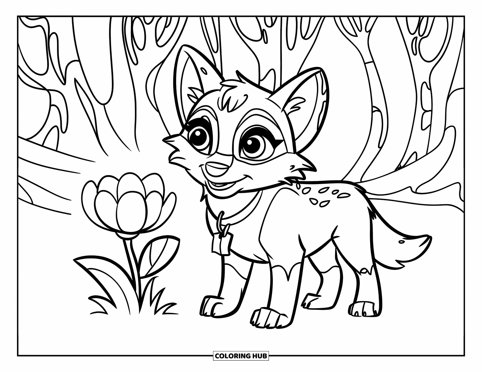 Mythical Wolf Coloring Page for Kids: Small wolf with big eyes and a collar stands beside a glowing forest flower