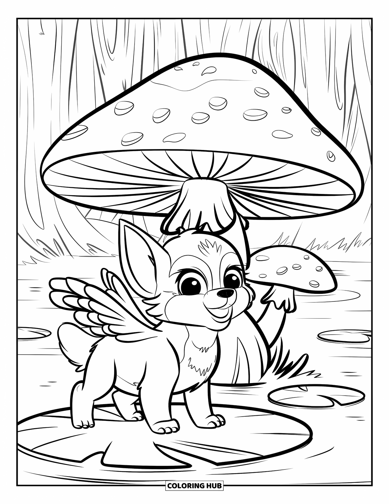 Mythical Wolf Coloring Page for Kids: Winged baby wolf howls near a giant mushroom in a peaceful forest