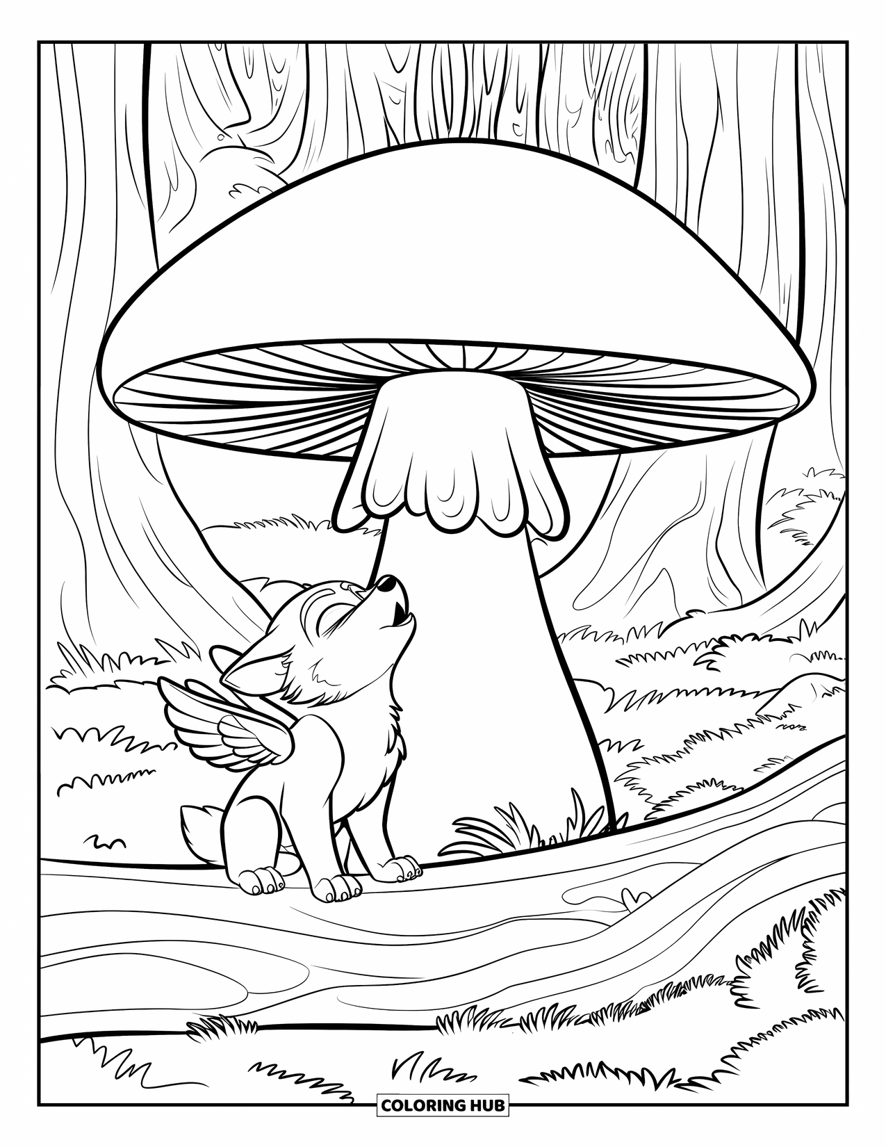 Mythical Wolf Coloring Page for Kids: Winged wolf pup howls from a mossy log beside a tall forest mushroom
