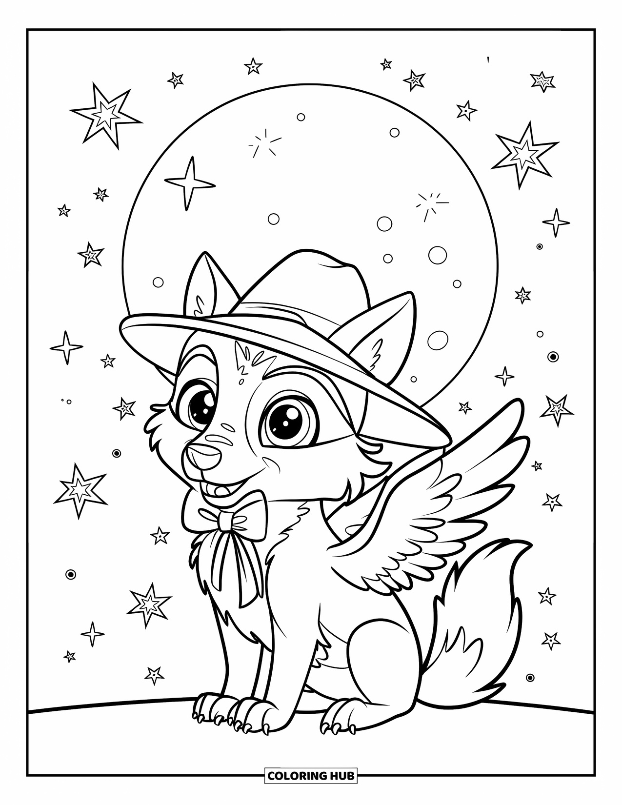 Mythical Wolf Coloring Page for Kids: Winged wolf with a bow sits beneath a starry sky and full moon