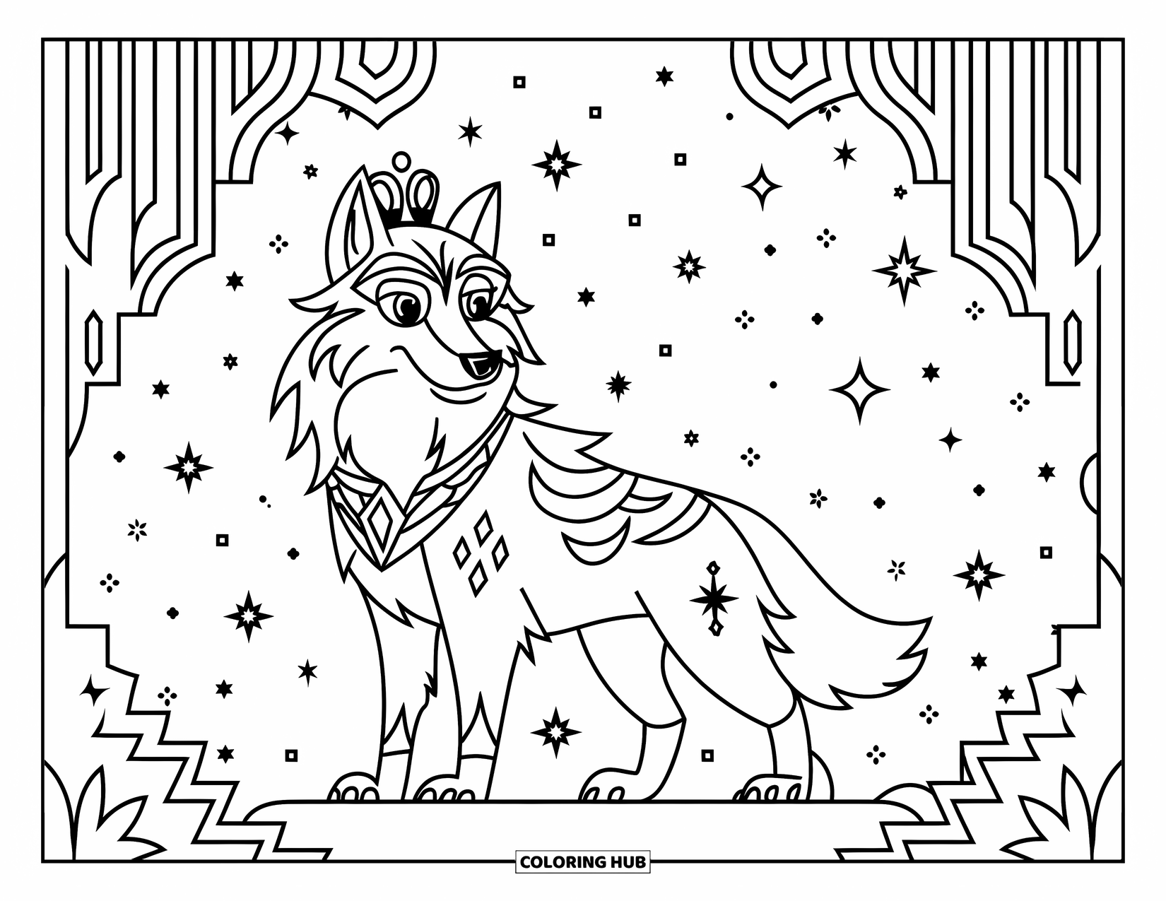 Mythical Wolf Coloring Page for Kids: Wolf with crown and markings stands tall in a forest of stars
