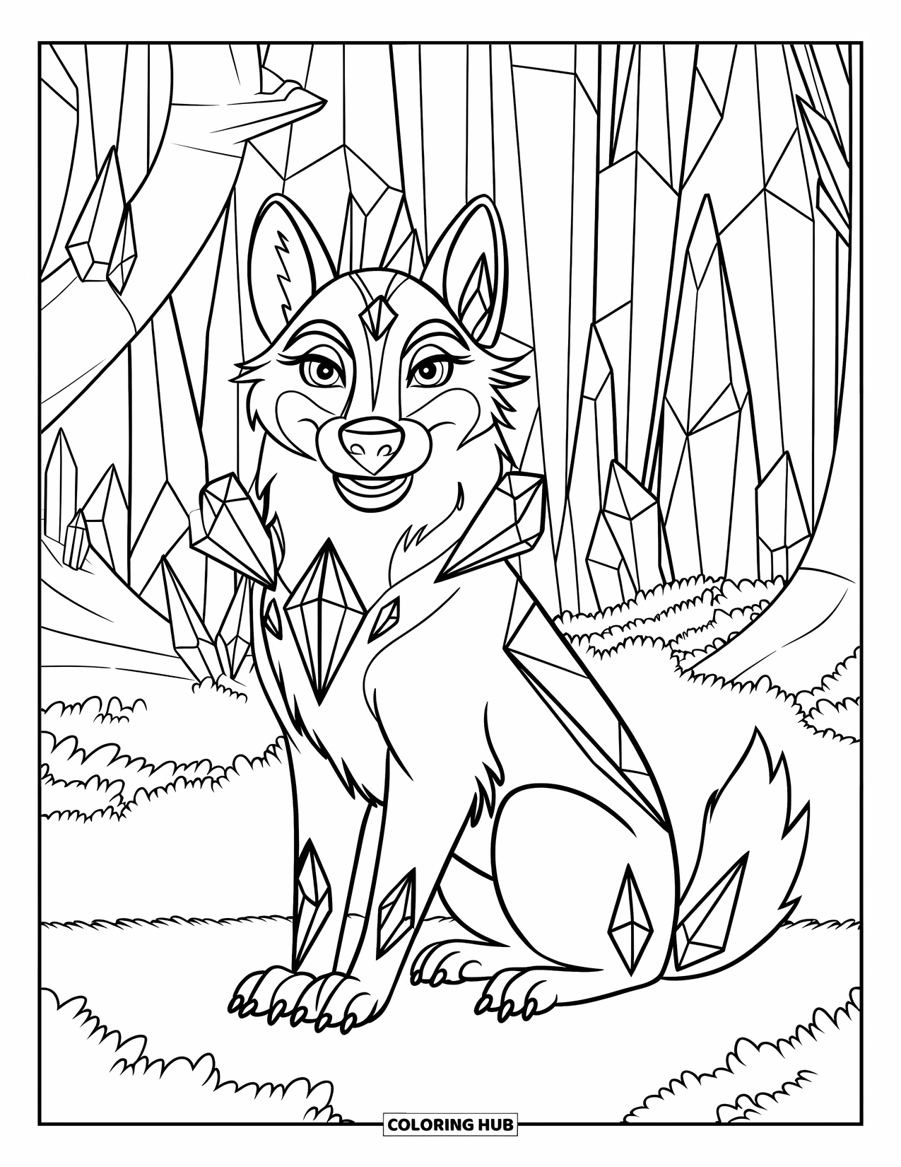 Mythical Wolf Coloring Page for Kids: Wolf with crystals on its body sits calmly in a lush, enchanted forest