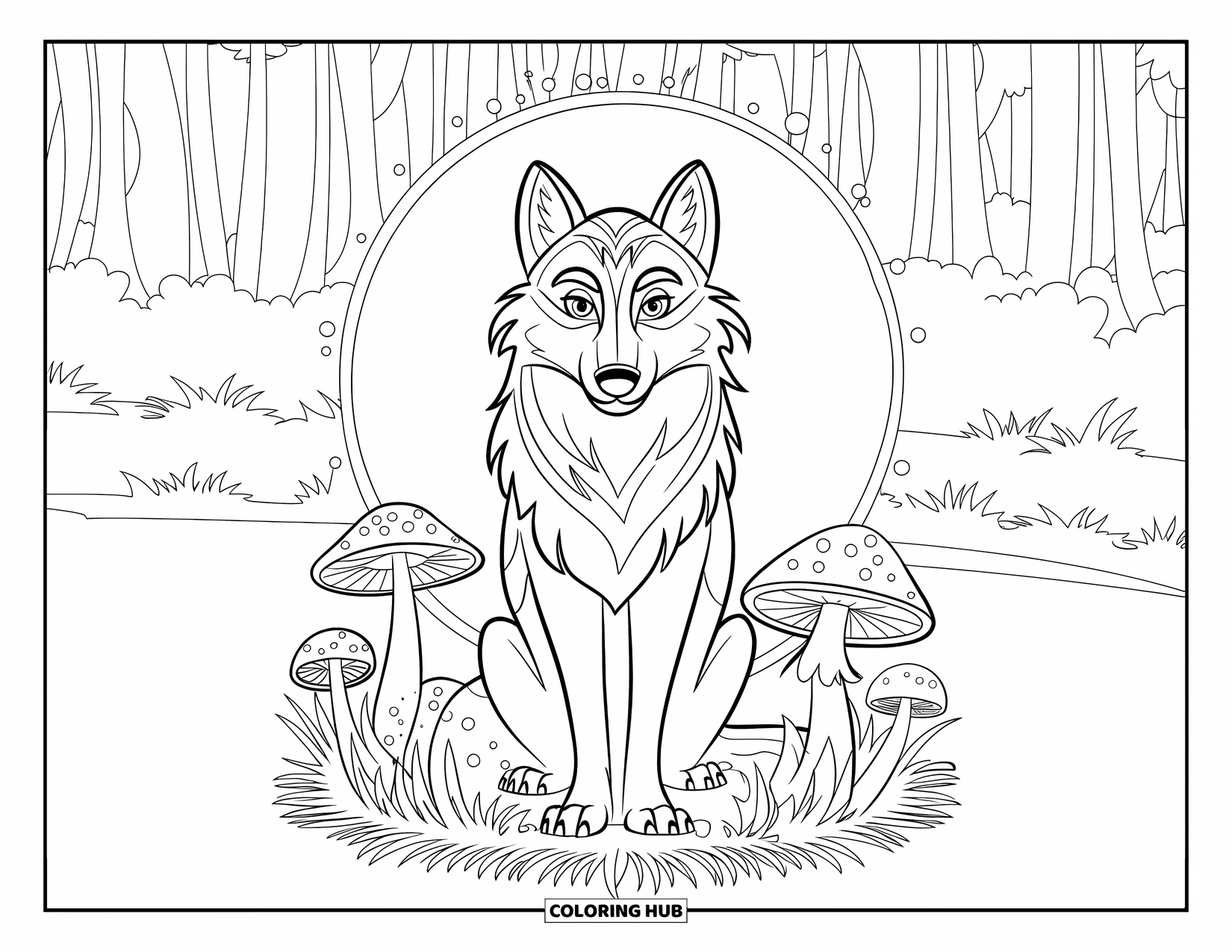 Mythical Wolf Coloring Page for Kids: Wolf with flower crown rests among glowing mushrooms in a magical forest
