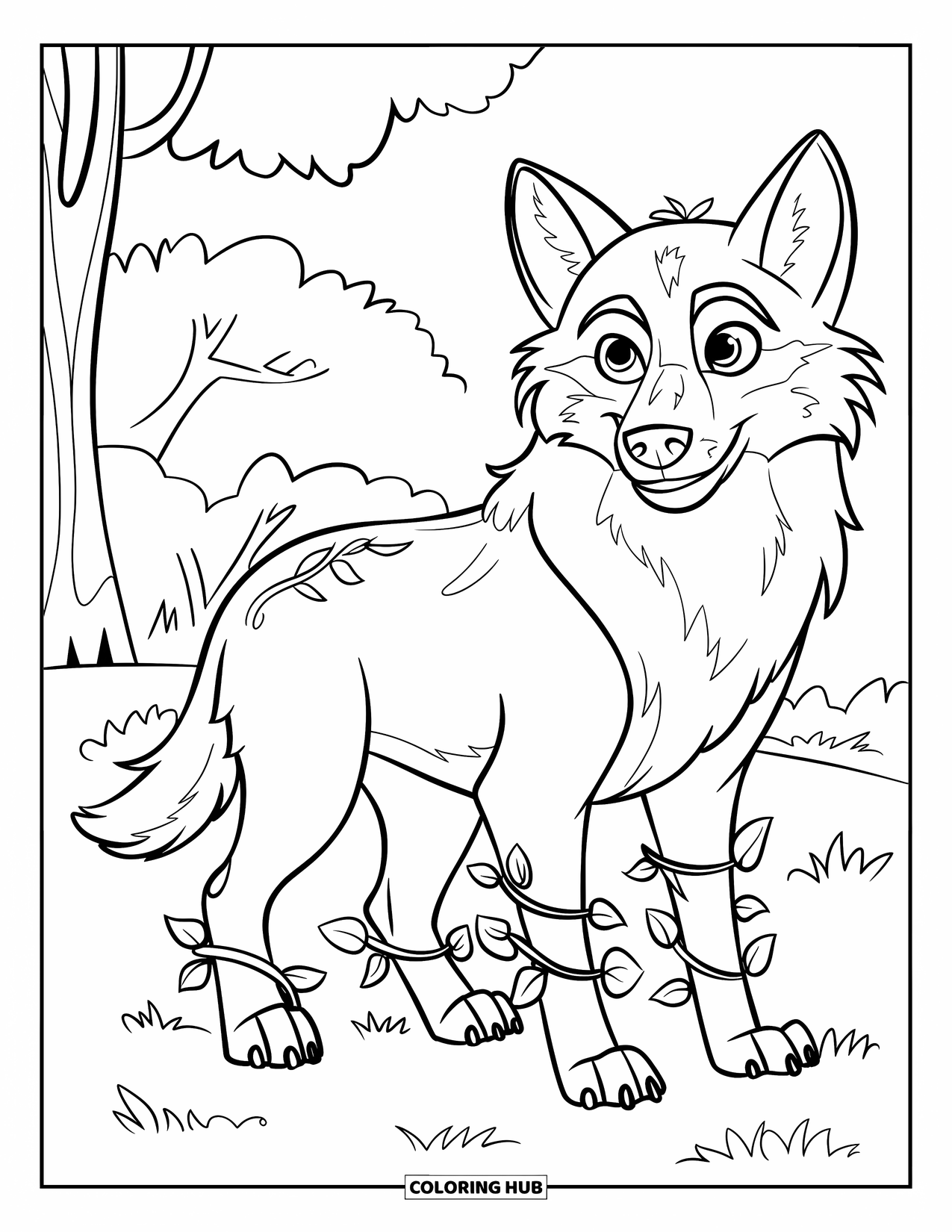 Mythical Wolf Coloring Page for Kids: Wolf with leafy vines stands gently in a grassy clearing