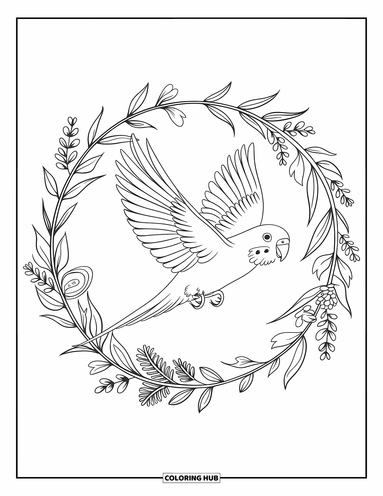 Parakeet Coloring Page for Adults: Flying parakeet holds a small object inside an ornate leafy wreath