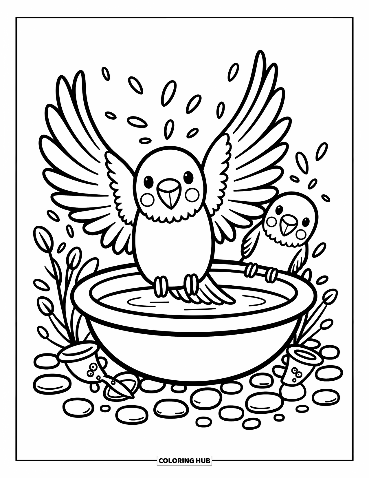 Parakeet Coloring Page for Adults: Parakeet flaps in a bird bath with pebbles, leaves, and tiny garden tools nearby