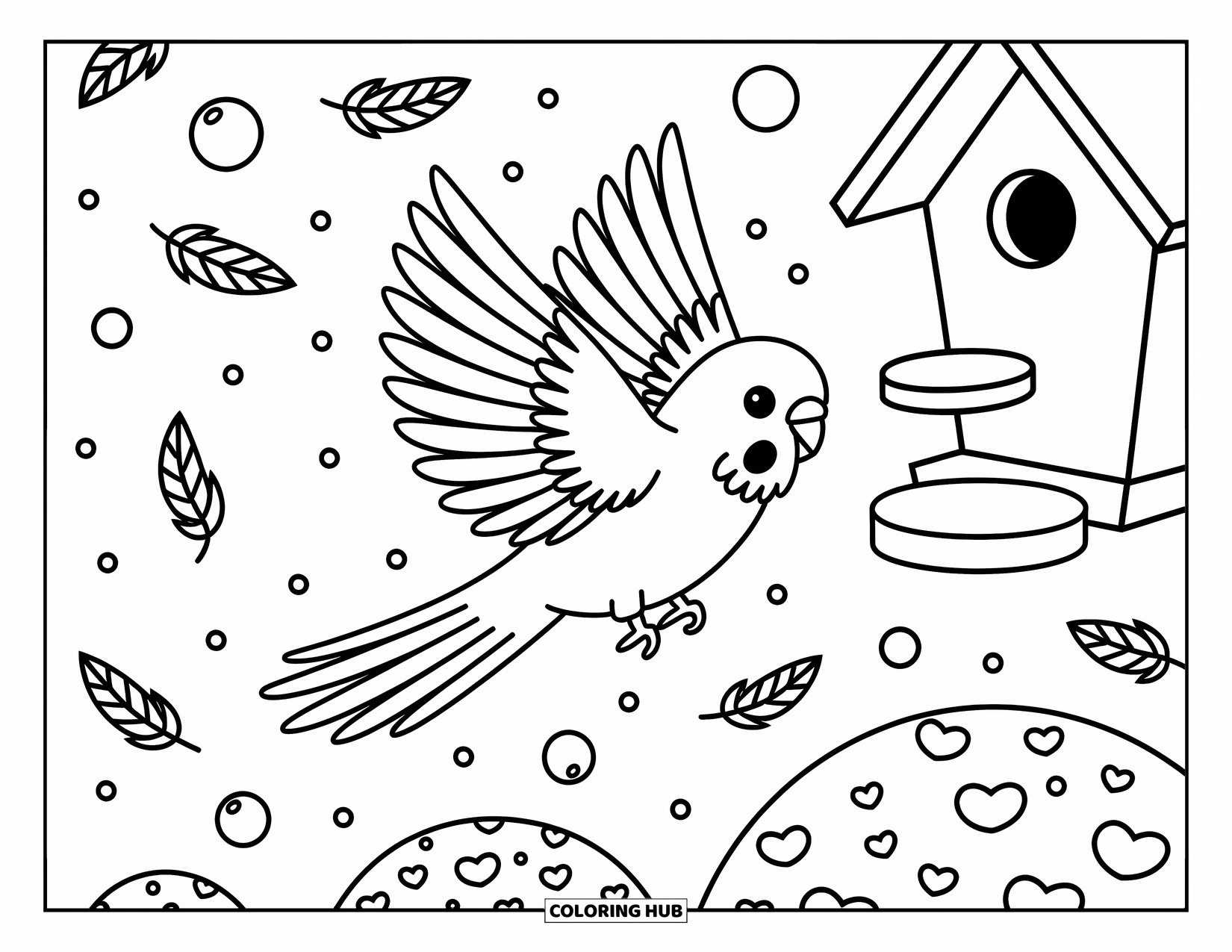 Parakeet Coloring Page for Adults: Parakeet floats gently with flutter lines, feathers, seeds, and toys near a cozy birdhouse